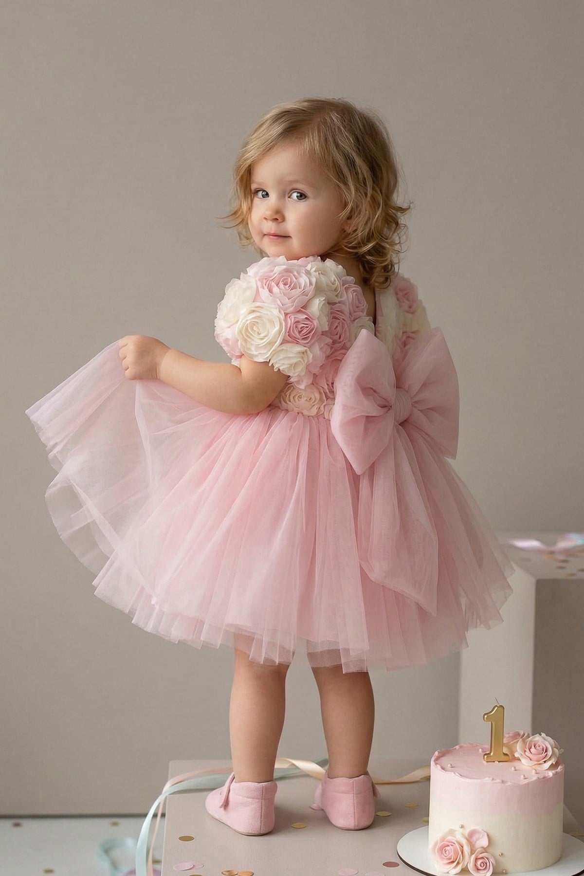 Kız Bebek Güllü Tütü Elbise Pembe Ekru Prenses Model 9-24 Ay Doğum Günü Özel Gün Elbisesi