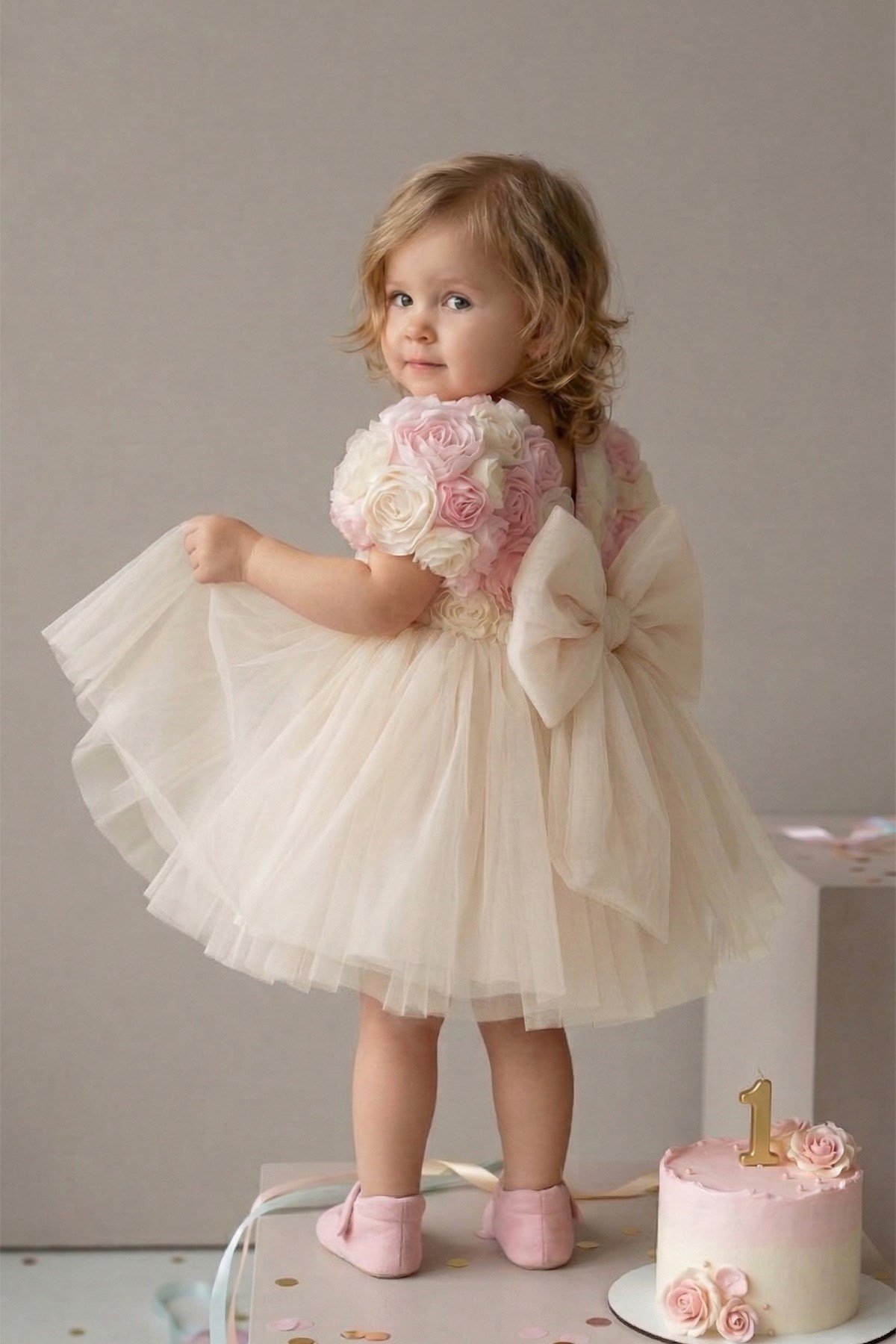 Kız Bebek Güllü Tütü Elbise Pembe Ekru Prenses Model 9-24 Ay Doğum Günü Özel Gün Elbisesi