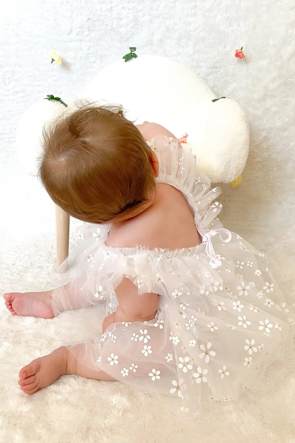 Kız Bebek Romper Elbise Papatyalı Sırt Detaylı Pamuklu Özel Gün Parti Düğün Doğum Günü Çocuk Elbise