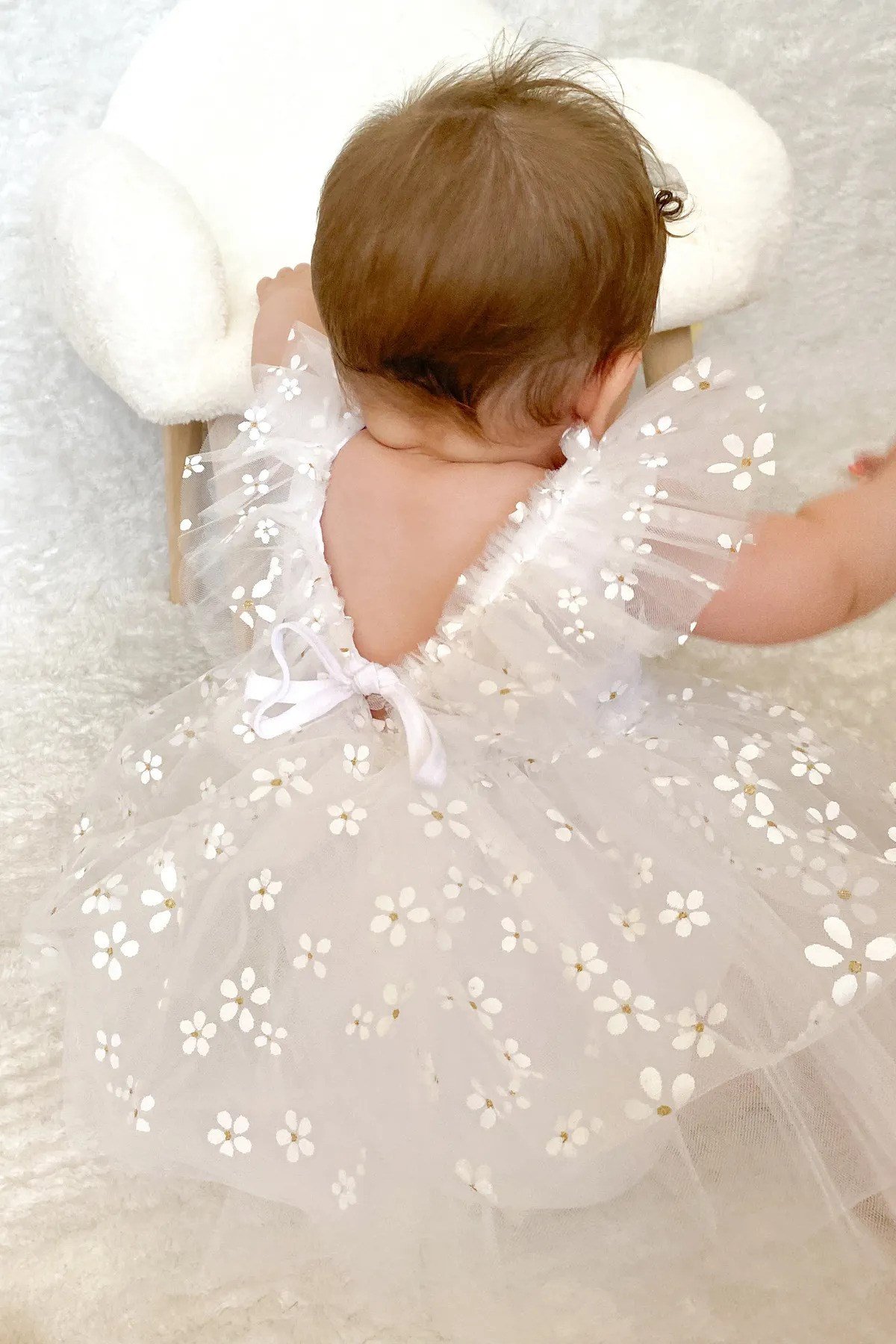 Kız Bebek Romper Elbise Papatyalı Sırt Detaylı Pamuklu Özel Gün Parti Düğün Doğum Günü Çocuk Elbise