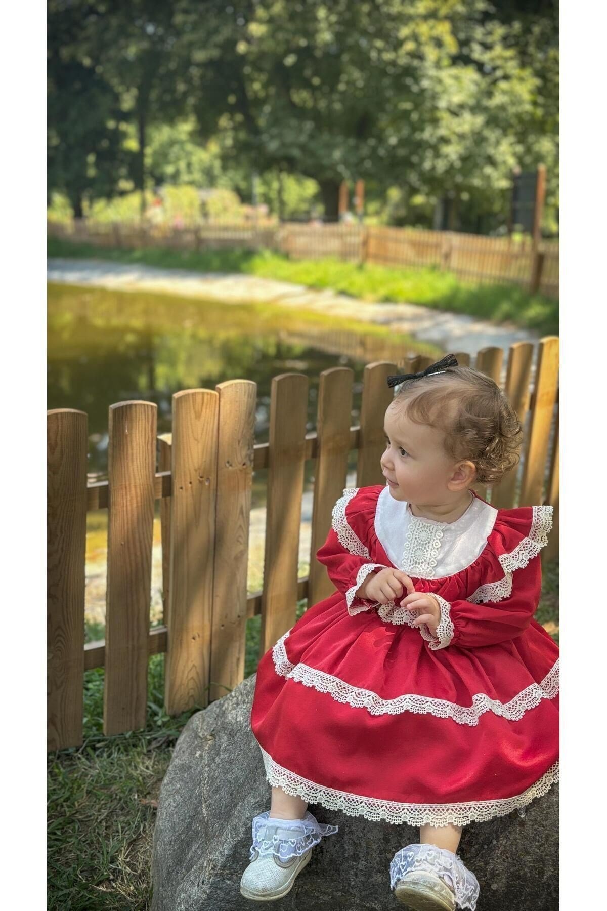 Kız Çocuk Bebek Dantelli Uzun Kol Astarlı Vintage Doğum Günü Parti Düğün Abiye Yılbaşı Elbise