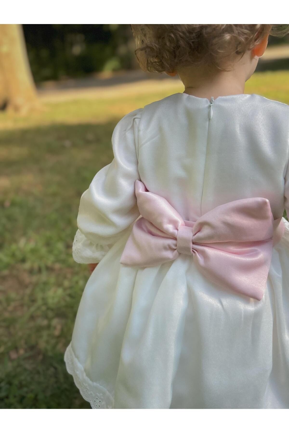 Kız Çocuk Bebek Uzun Kollu Astarlı Fiyonklu Özel Gün Doğum Günü Parti Düğün Elbisesi Abiye