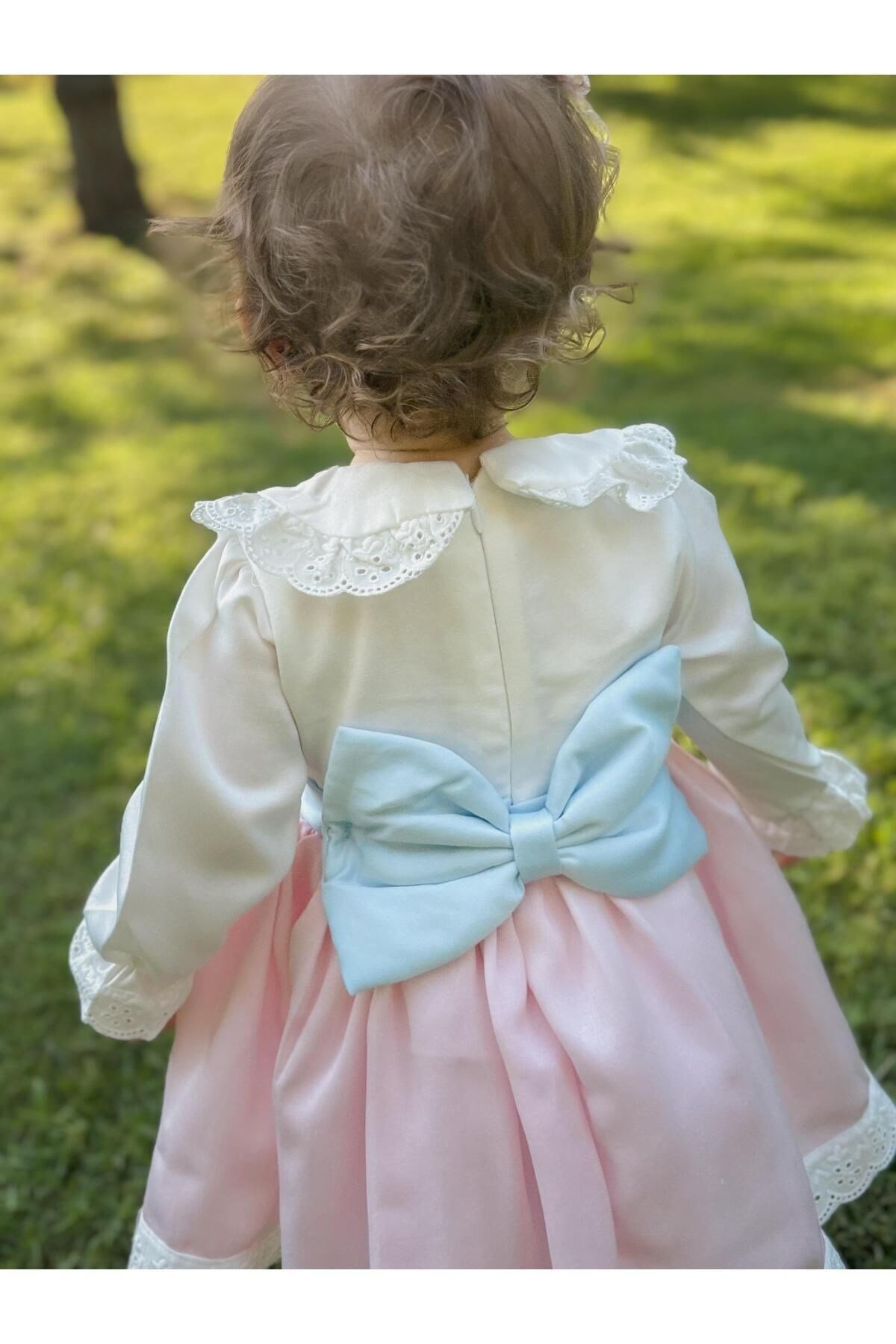 Kız Çocuk Bebek Uzun Kollu Astarlı Fiyonklu Özel Gün Doğum Günü Parti Düğün Elbisesi Abiye