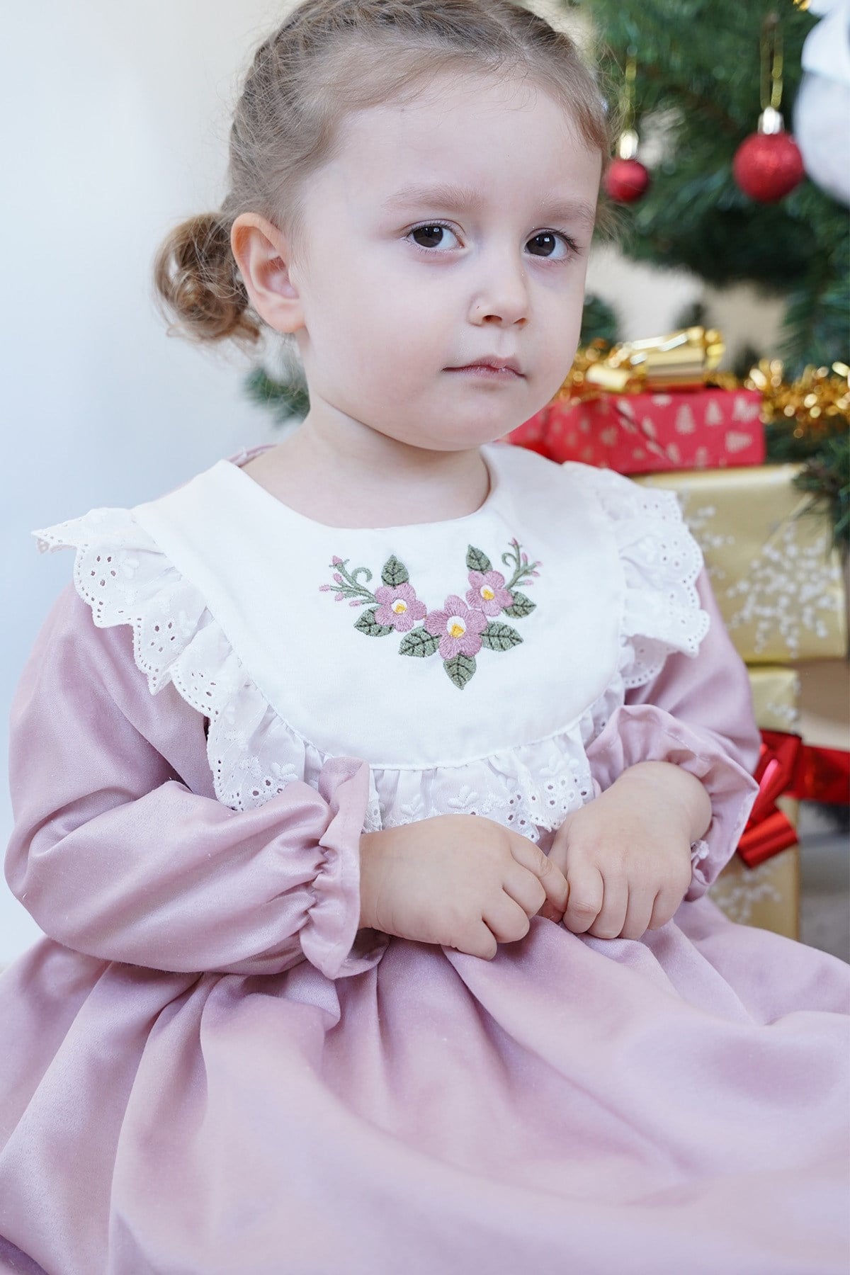Kız Çocuk Bebek Uzun Kollu Çiçek Nakışlı Astarlı Kabarık Özel Gün Doğum Günü Parti Yılbaşı Elbise