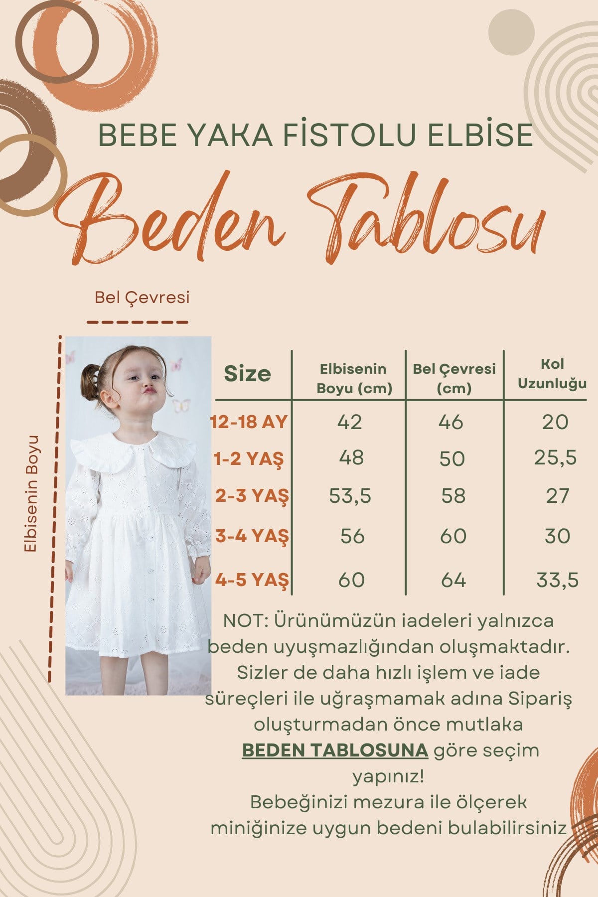 Kız Çocuk Elbise Bebe Yaka Uzun Kollu Düğmeli Özel Gün Doğum Günü Parti Pamuklu Kız Bebek Elbise