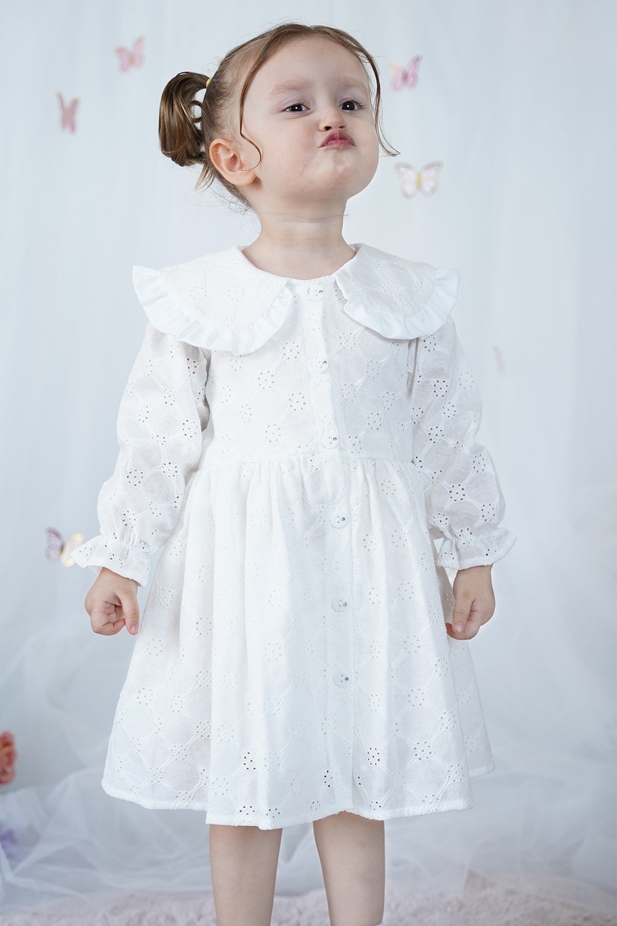 Kız Çocuk Elbise Bebe Yaka Uzun Kollu Düğmeli Özel Gün Doğum Günü Parti Pamuklu Kız Bebek Elbise