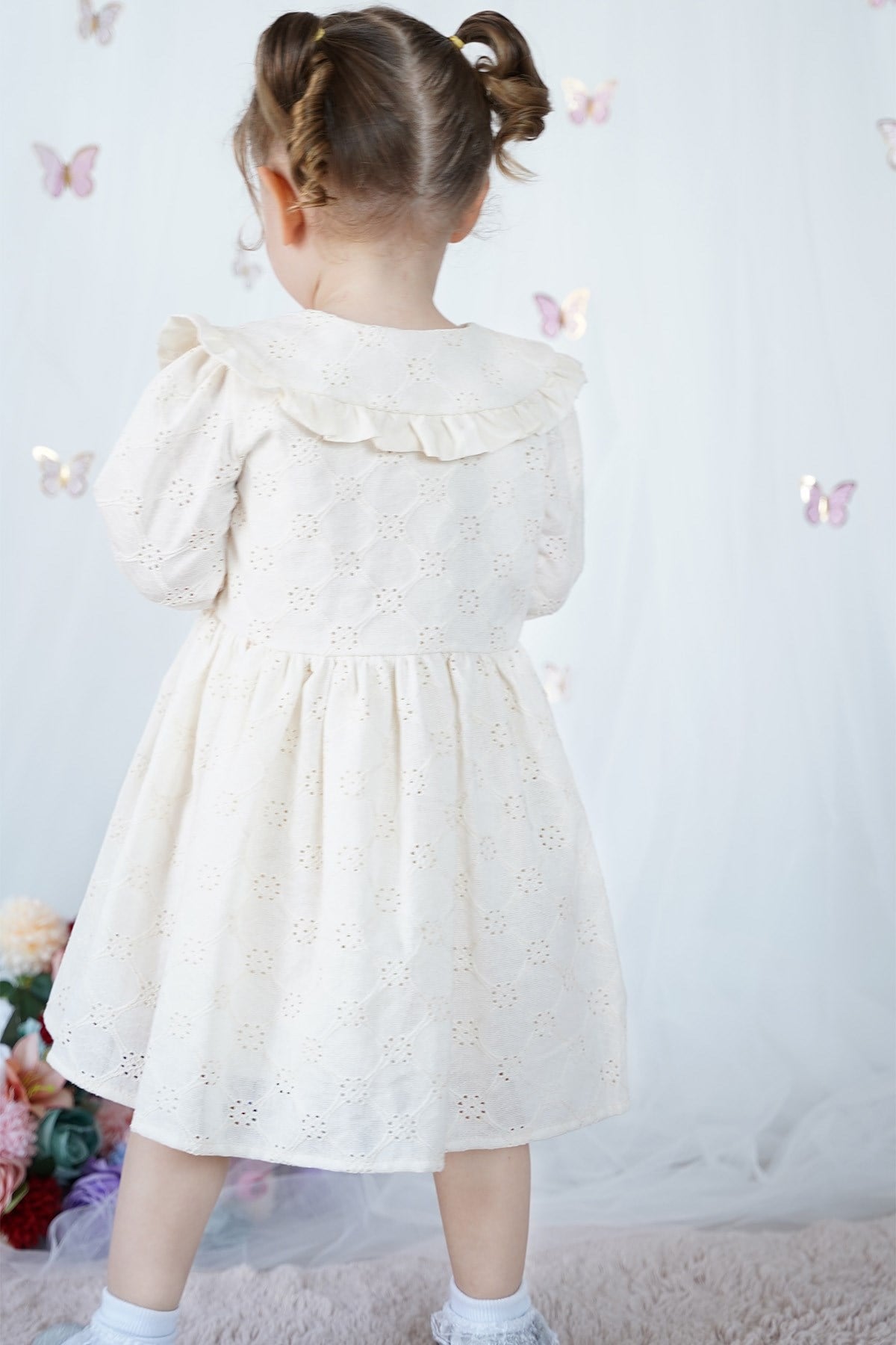 Kız Çocuk Elbise Bebe Yaka Uzun Kollu Düğmeli Özel Gün Doğum Günü Parti Pamuklu Kız Bebek Elbise