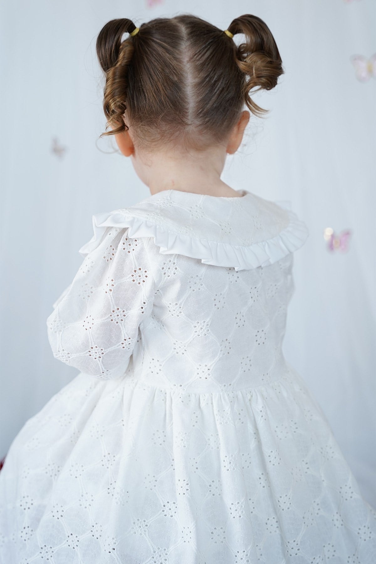 Kız Çocuk Elbise Bebe Yaka Uzun Kollu Düğmeli Özel Gün Doğum Günü Parti Pamuklu Kız Bebek Elbise