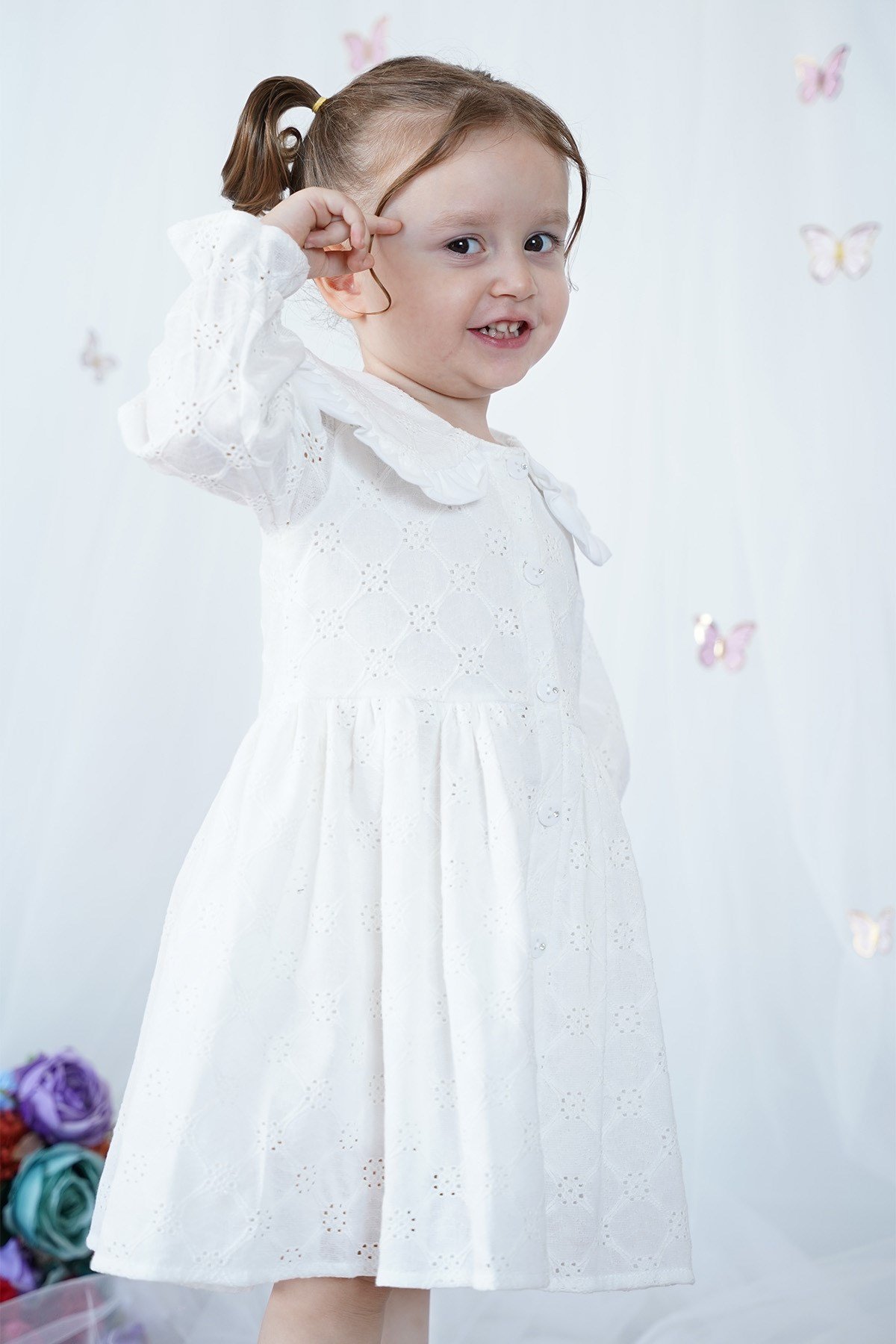 Kız Çocuk Elbise Bebe Yaka Uzun Kollu Düğmeli Özel Gün Doğum Günü Parti Pamuklu Kız Bebek Elbise
