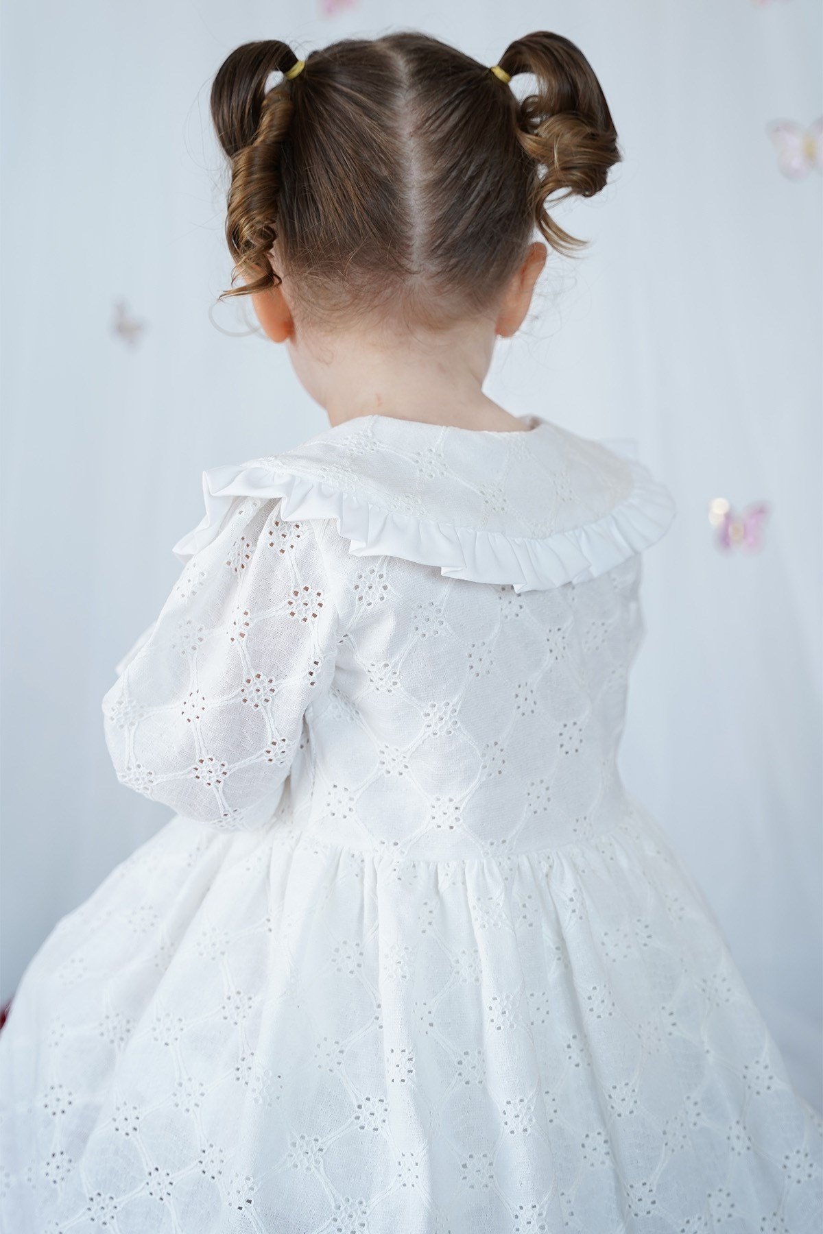 Kız Çocuk Elbise Bebe Yaka Uzun Kollu Düğmeli Özel Gün Doğum Günü Parti Pamuklu Kız Bebek Elbise