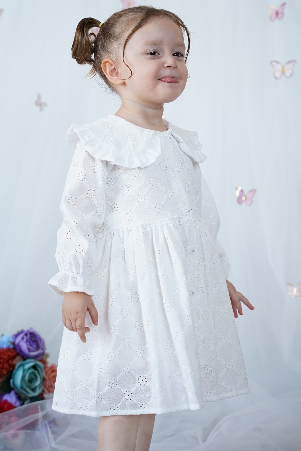Kız Çocuk Elbise Bebe Yaka Uzun Kollu Düğmeli Özel Gün Doğum Günü Parti Pamuklu Kız Bebek Elbise
