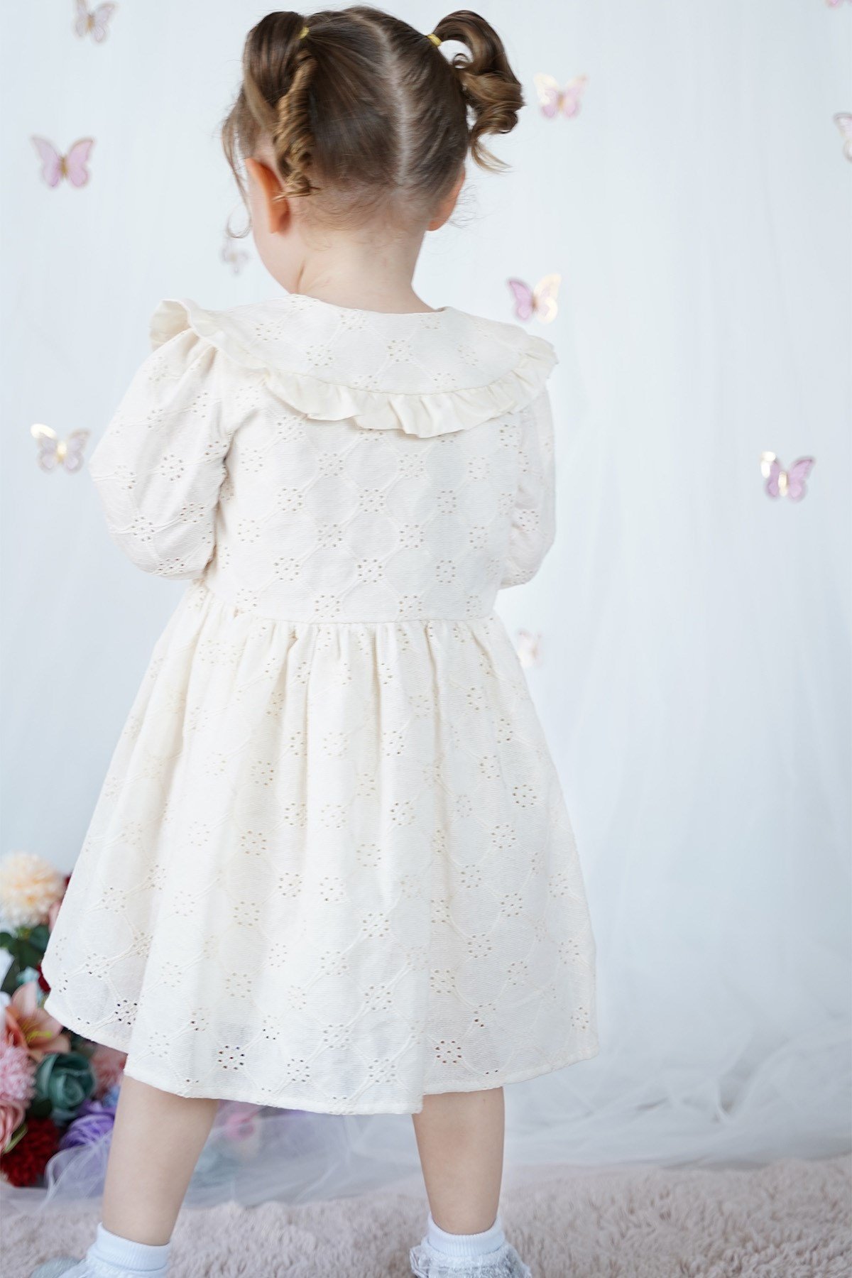 Kız Çocuk Elbise Bebe Yaka Uzun Kollu Düğmeli Özel Gün Doğum Günü Parti Pamuklu Kız Bebek Elbise
