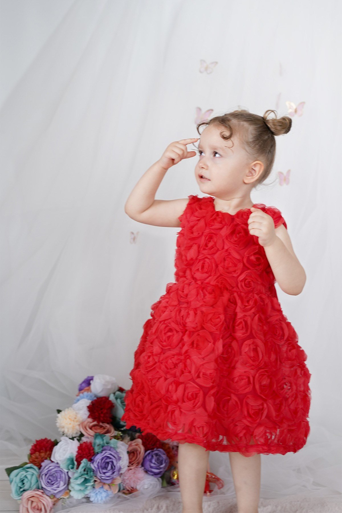 Kız Çocuk Elbise Güllü Fiyonklu Doğum Günü Parti Düğün Özel Gün Abiye Kız Bebek Elbise