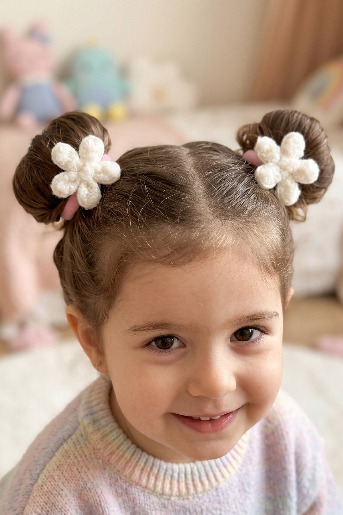 Kız Çocuk İkili Lastik Toka Peluş Çiçek Detaylı Bebek Saç Tokası Renkli Set