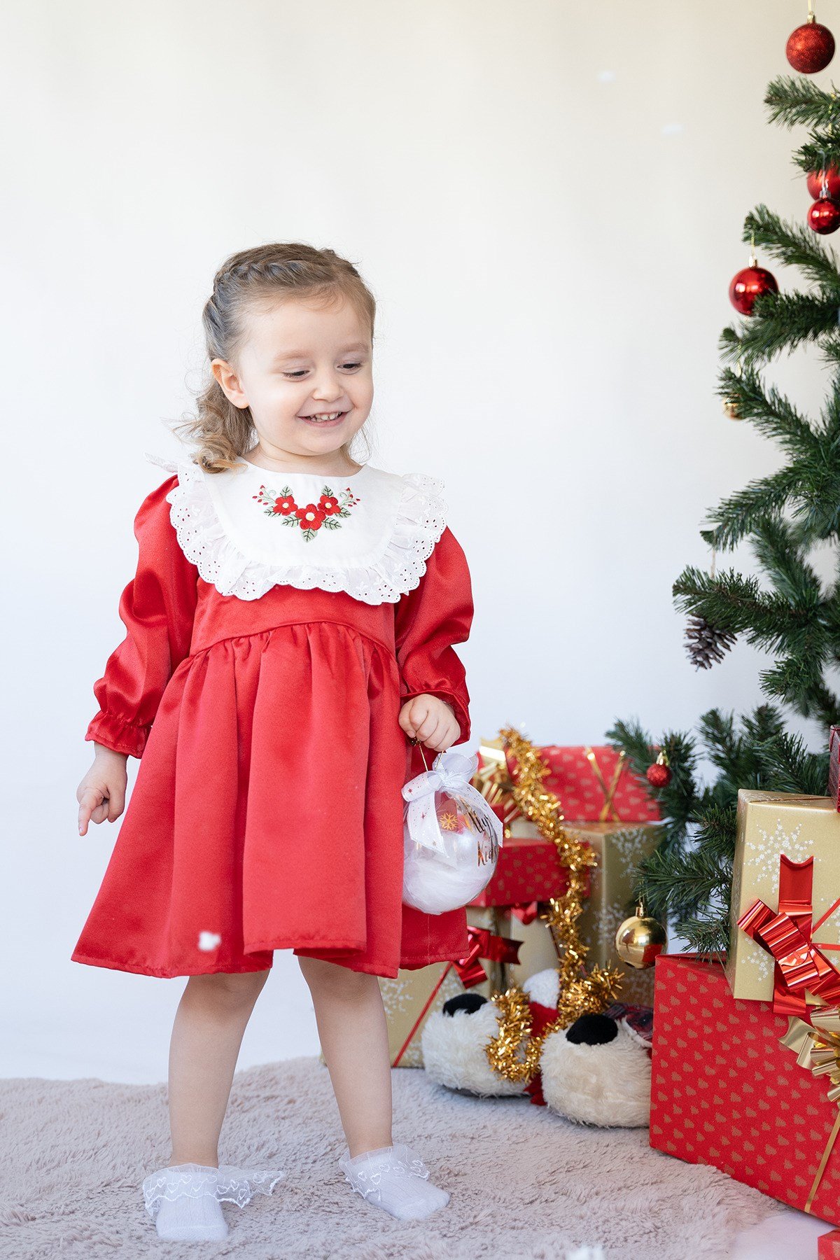 Kız Çocuk Uzun Kollu Çiçek Nakışlı Astarlı Kabarık Özel Gün Doğum Günü Parti Yılbaşı Noel Elbise