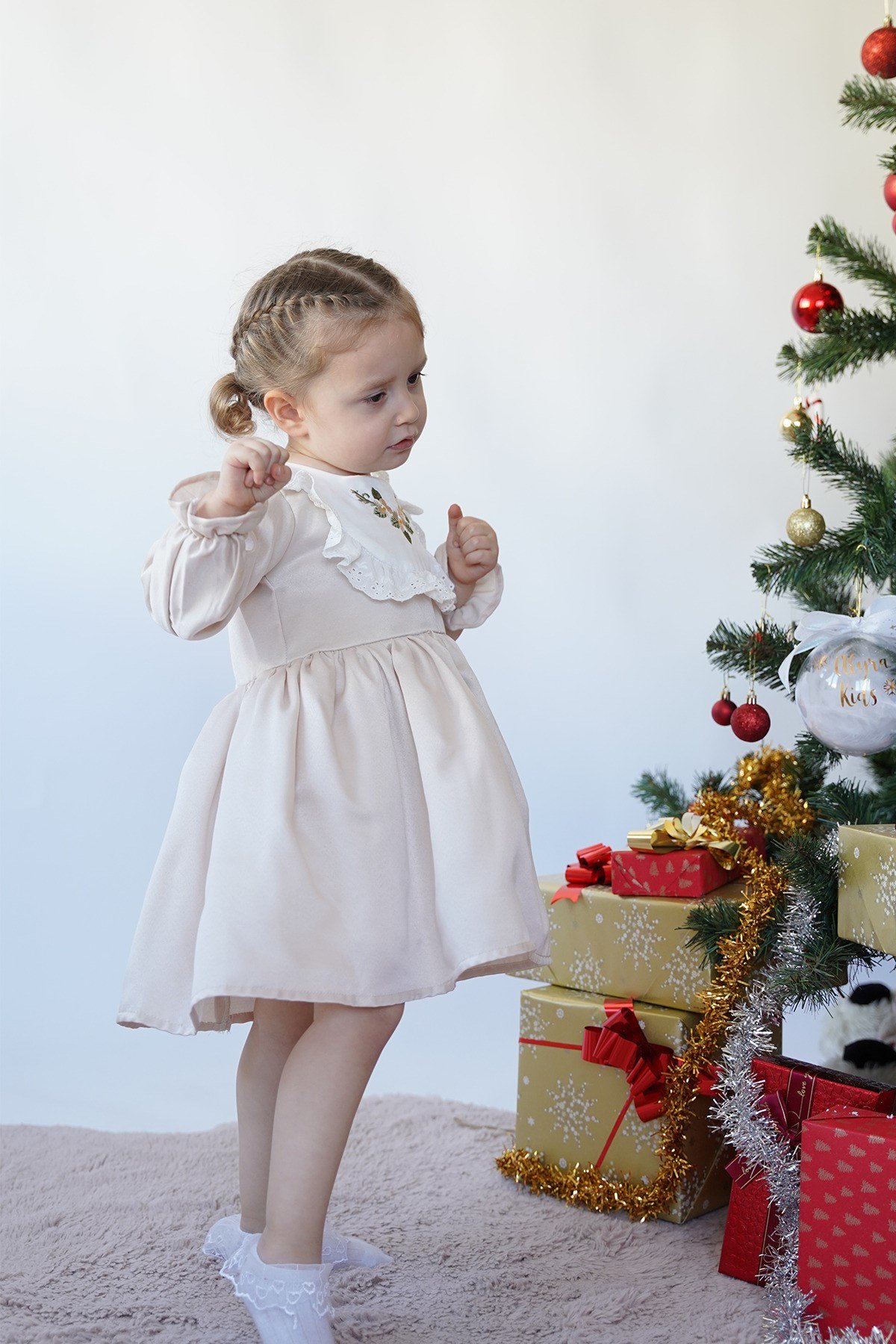 Kız Çocuk Uzun Kollu Çiçek Nakışlı Astarlı Kabarık Özel Gün Doğum Günü Parti Yılbaşı Noel Elbise