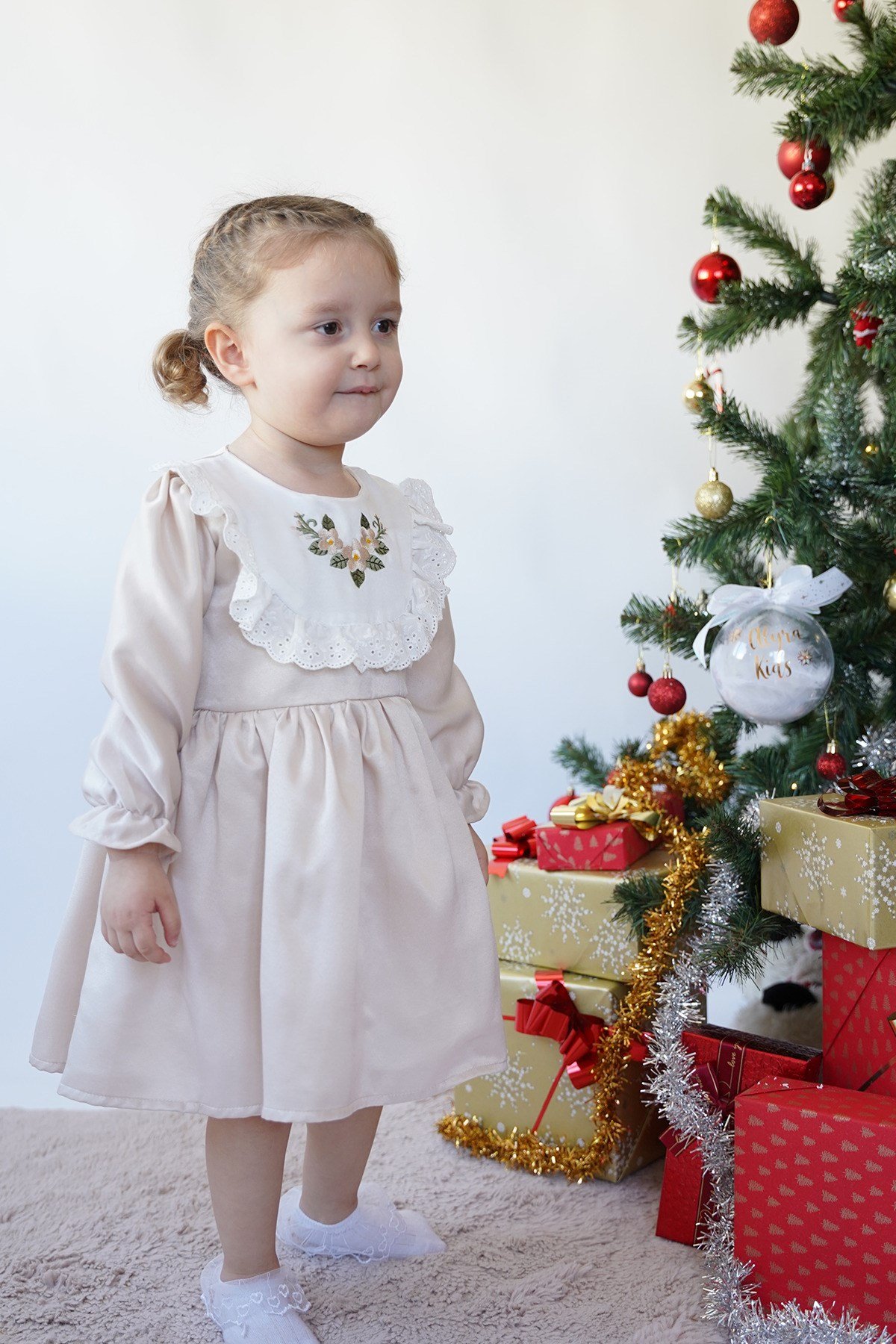 Kız Çocuk Uzun Kollu Çiçek Nakışlı Astarlı Kabarık Özel Gün Doğum Günü Parti Yılbaşı Noel Elbise