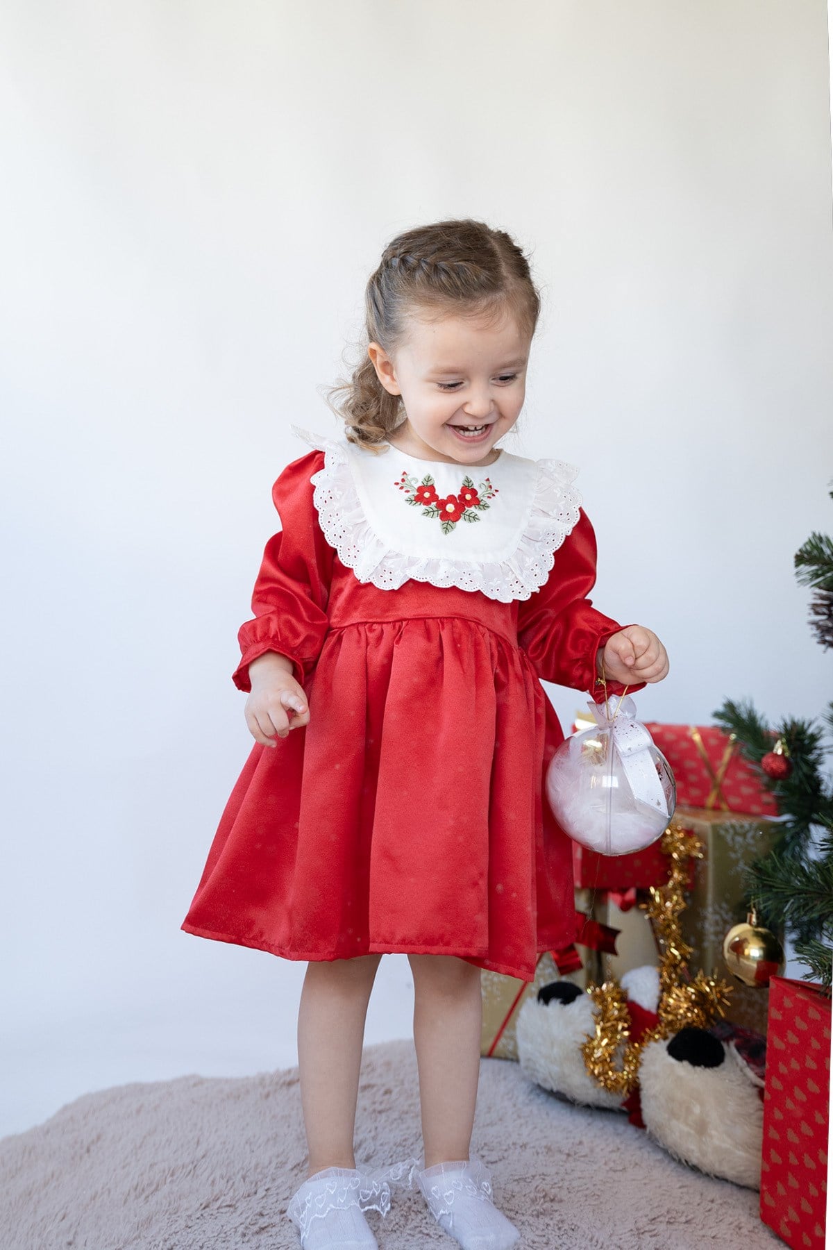 Kız Çocuk Uzun Kollu Çiçek Nakışlı Astarlı Kabarık Özel Gün Doğum Günü Parti Yılbaşı Noel Elbise