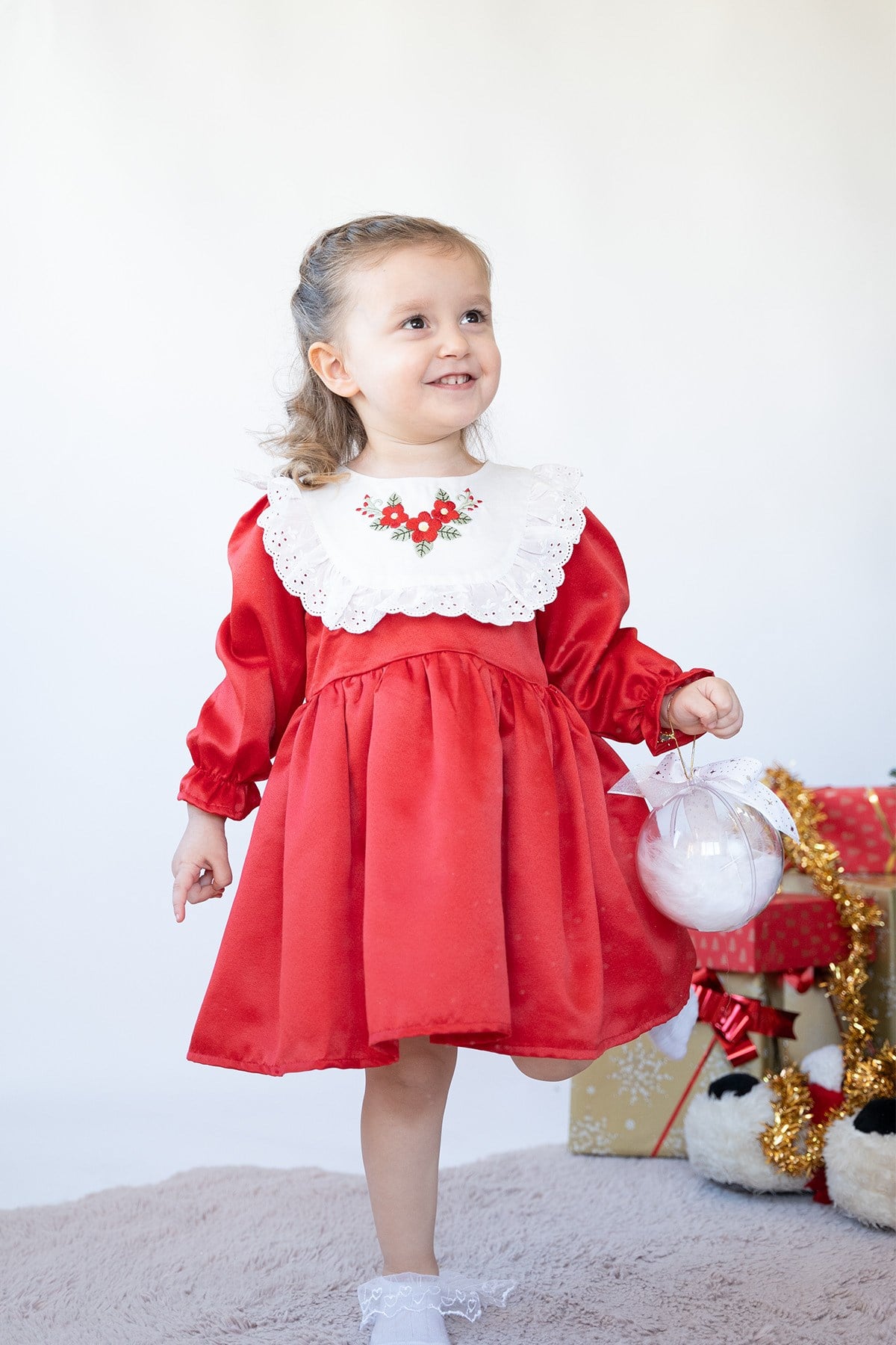 Kız Çocuk Uzun Kollu Çiçek Nakışlı Astarlı Kabarık Özel Gün Doğum Günü Parti Yılbaşı Noel Elbise