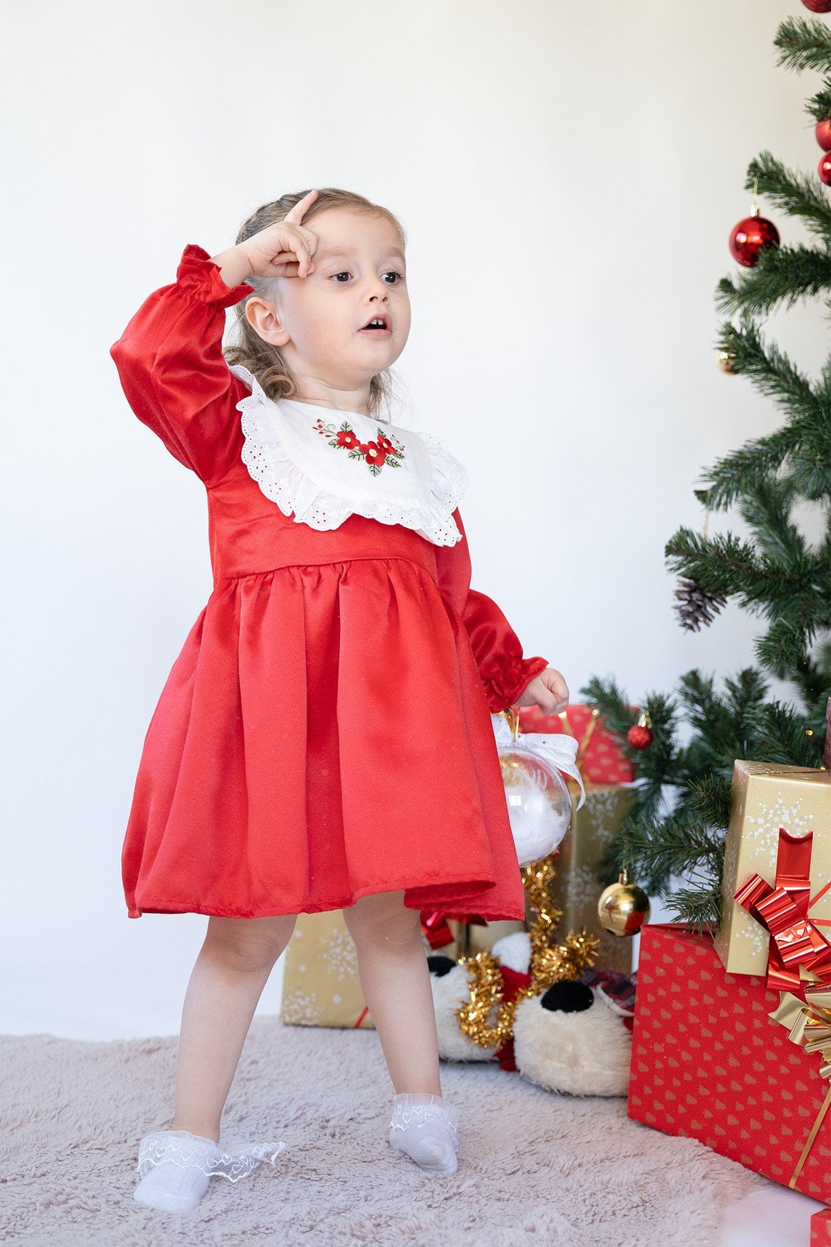 Kız Çocuk Uzun Kollu Çiçek Nakışlı Astarlı Kabarık Özel Gün Doğum Günü Parti Yılbaşı Noel Elbise