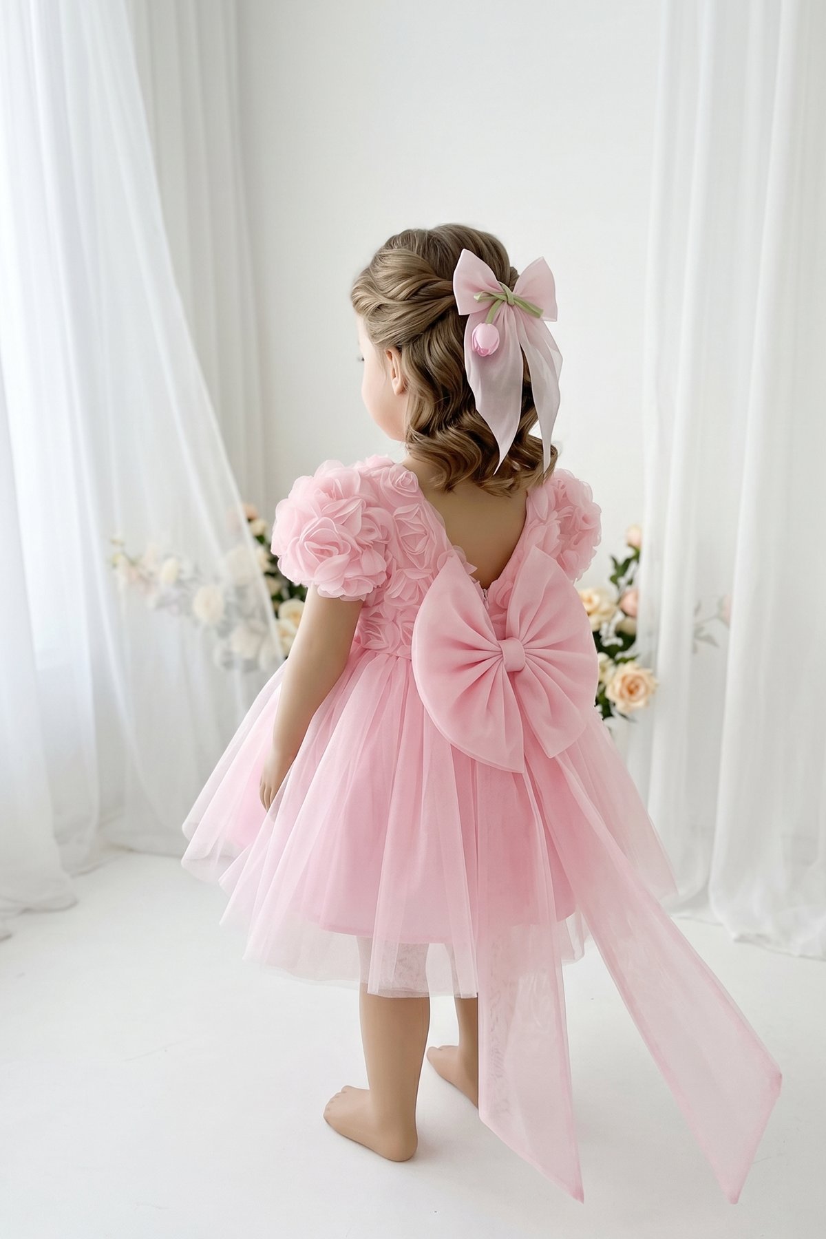 Melisya 3D Güllü Uzun Fiyonklu Elbise - Pembe