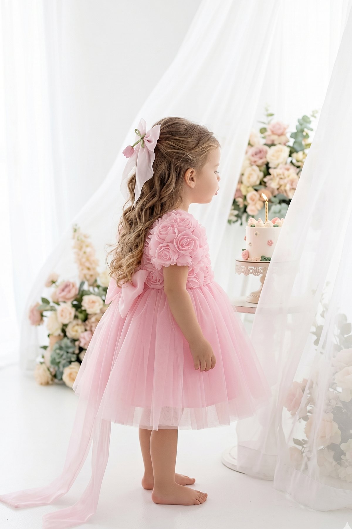 Melisya 3D Güllü Uzun Fiyonklu Elbise - Pembe