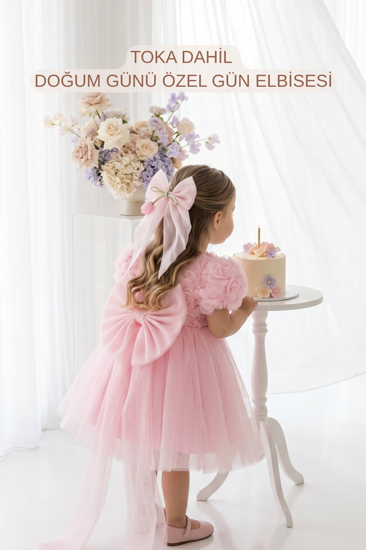 Melisya 3D Güllü Uzun Fiyonklu Elbise - Pembe