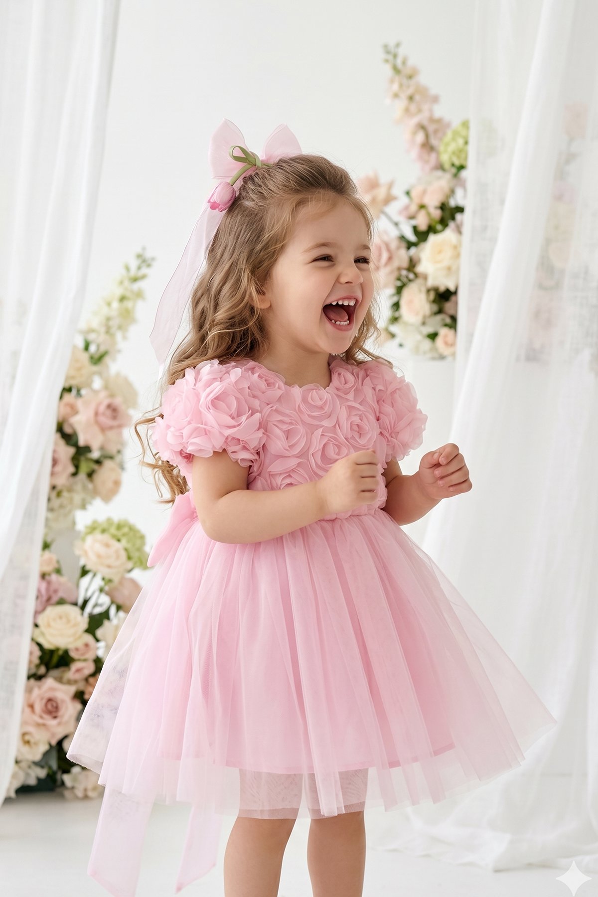 Melisya 3D Güllü Uzun Fiyonklu Elbise - Pembe