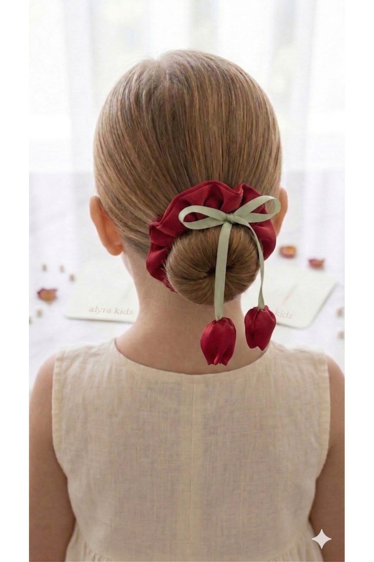 Saten Fiyonklu Saç Tokası Lastik Toka Scrunchie Model Krem Pembe Kırmızı