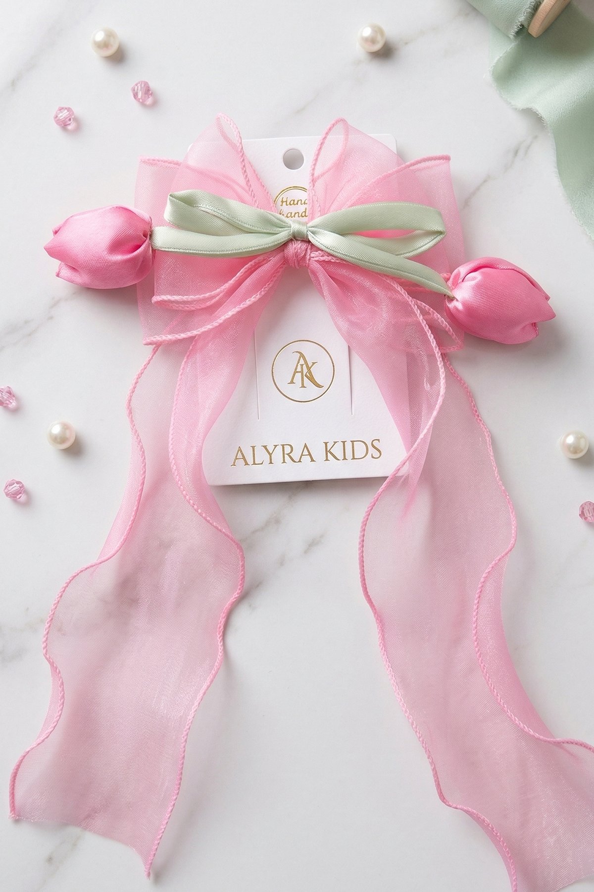 Tulia Bow Fiyonklu Lale Figürlü Otomatik Klips Toka - Pembe