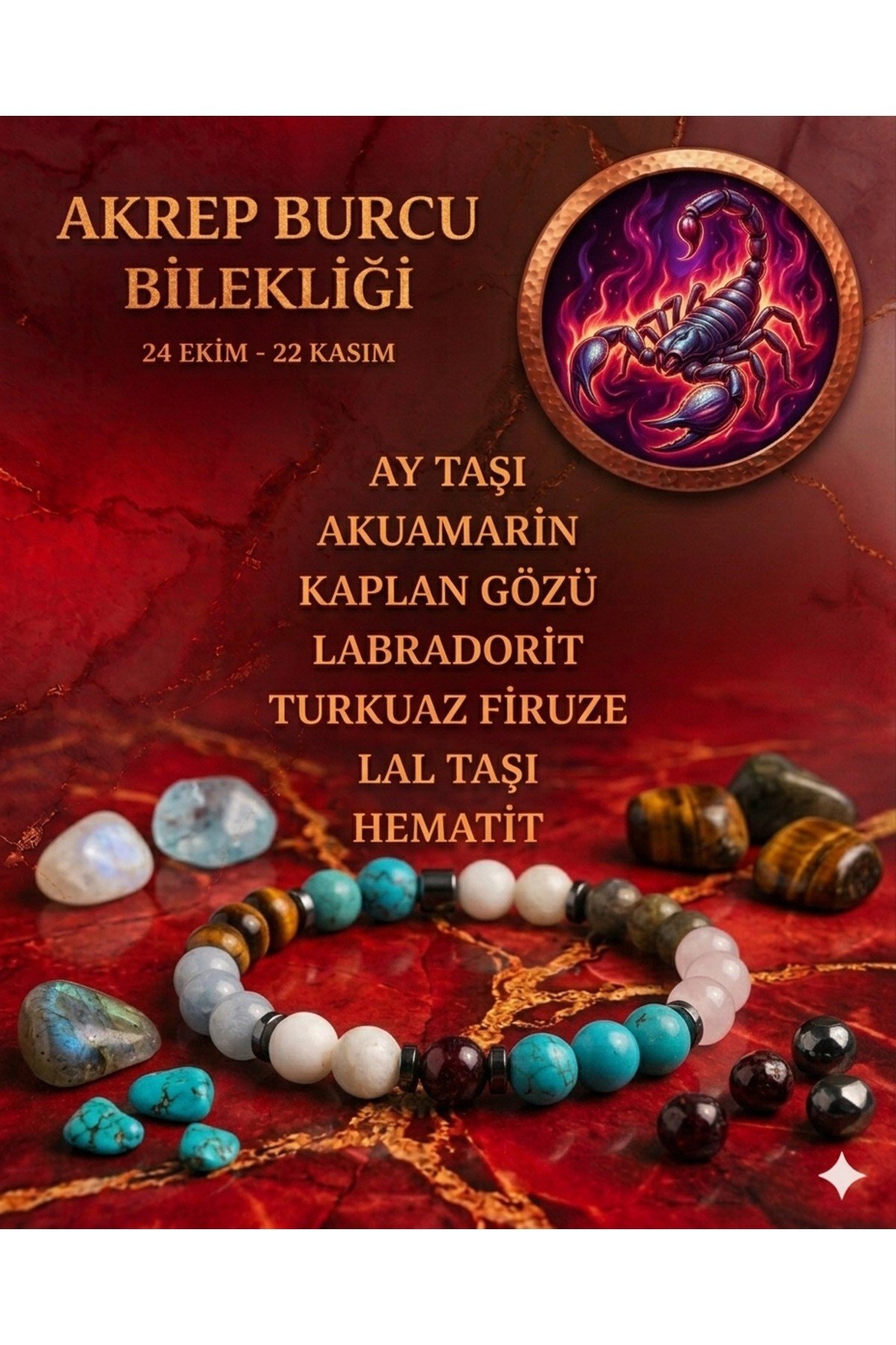 Akrep Burcu Bilekliği - Sertifikalı - Ay Taşı, Akuamarin, K. Gözü, Labradorit, Turkuaz , Lal Taşı