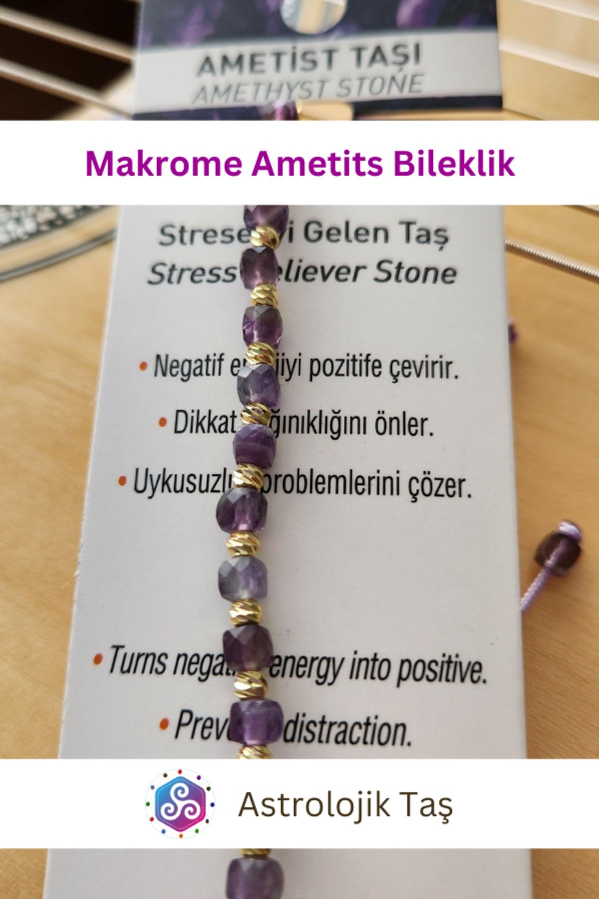 Ametist Doğal Taş Faset Küp Kesim 4mm Makrome Bileklik - Ametist Taşı