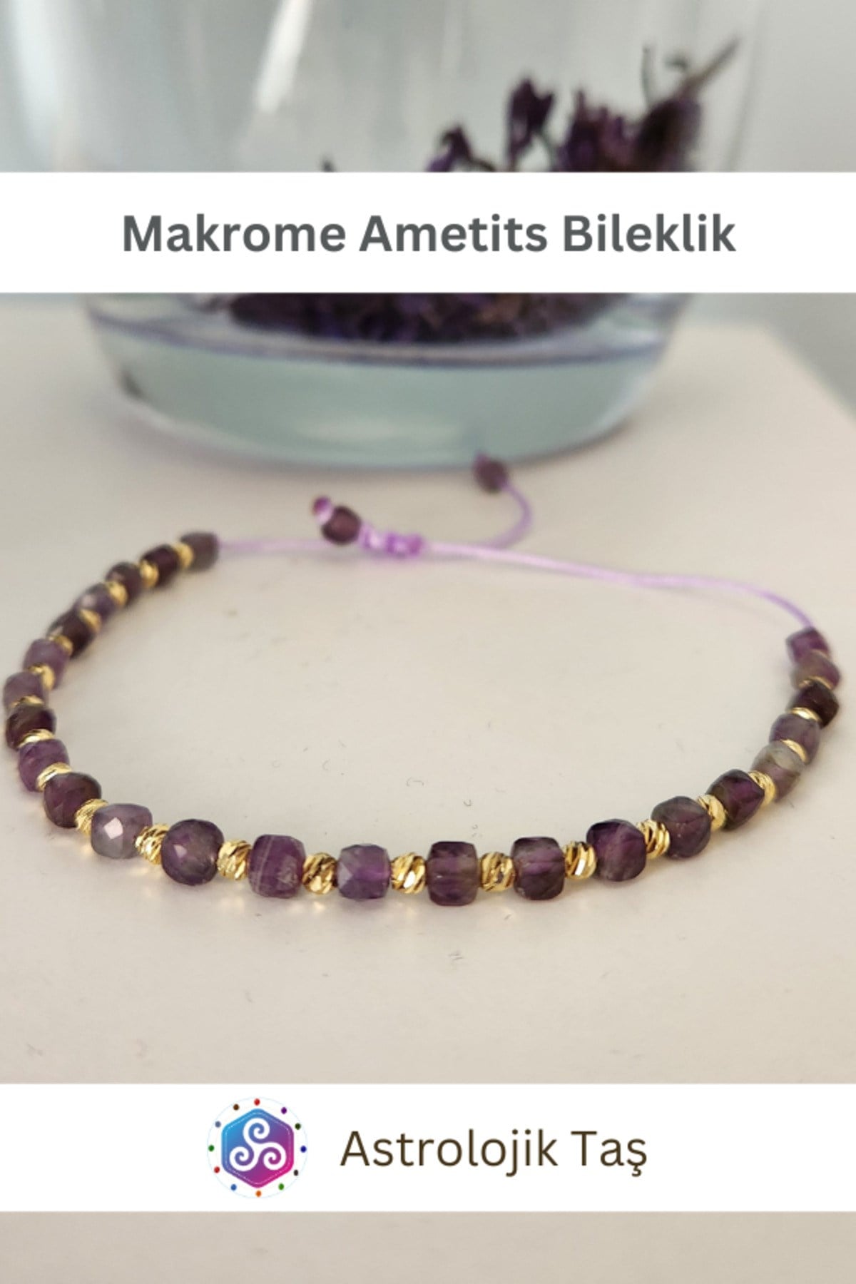Ametist Doğal Taş Faset Küp Kesim 4mm Makrome Bileklik - Ametist Taşı