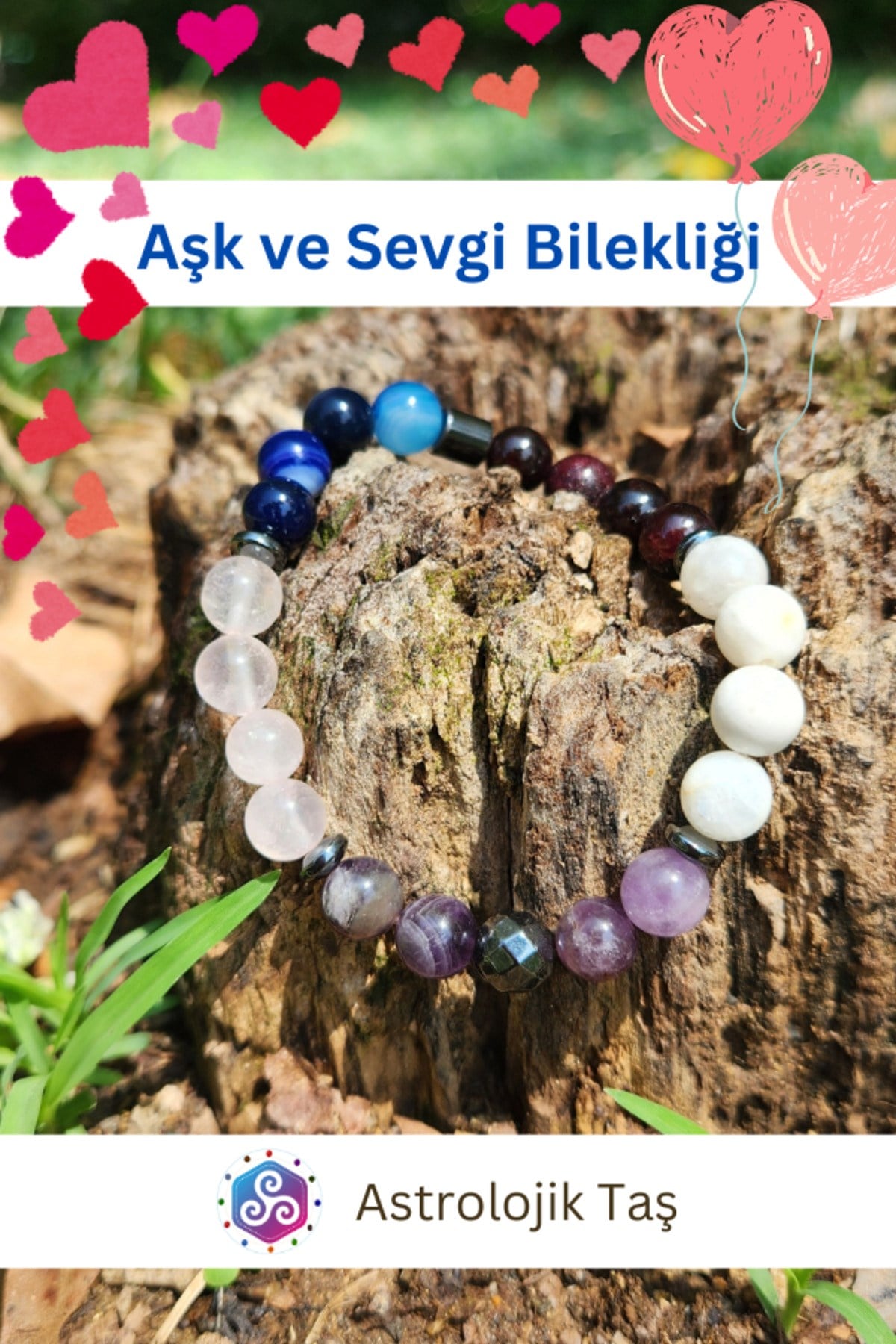 Aşk Ve Sevgi Bilekliği - Doğal Taş - Sertifikalı (PEMBE KUVARS, AY TAŞI, LAL TAŞI)