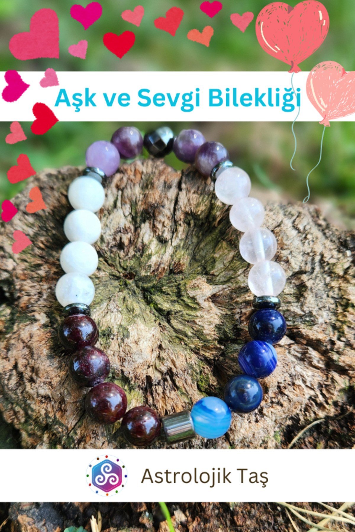 Aşk Ve Sevgi Bilekliği - Doğal Taş - Sertifikalı (PEMBE KUVARS, AY TAŞI, LAL TAŞI)
