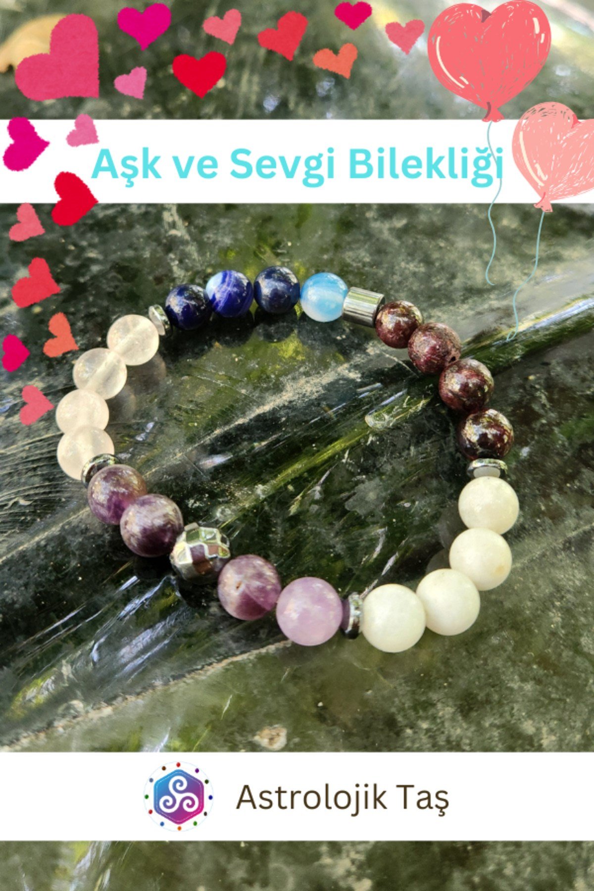 Aşk Ve Sevgi Bilekliği - Doğal Taş - Sertifikalı (PEMBE KUVARS, AY TAŞI, LAL TAŞI)