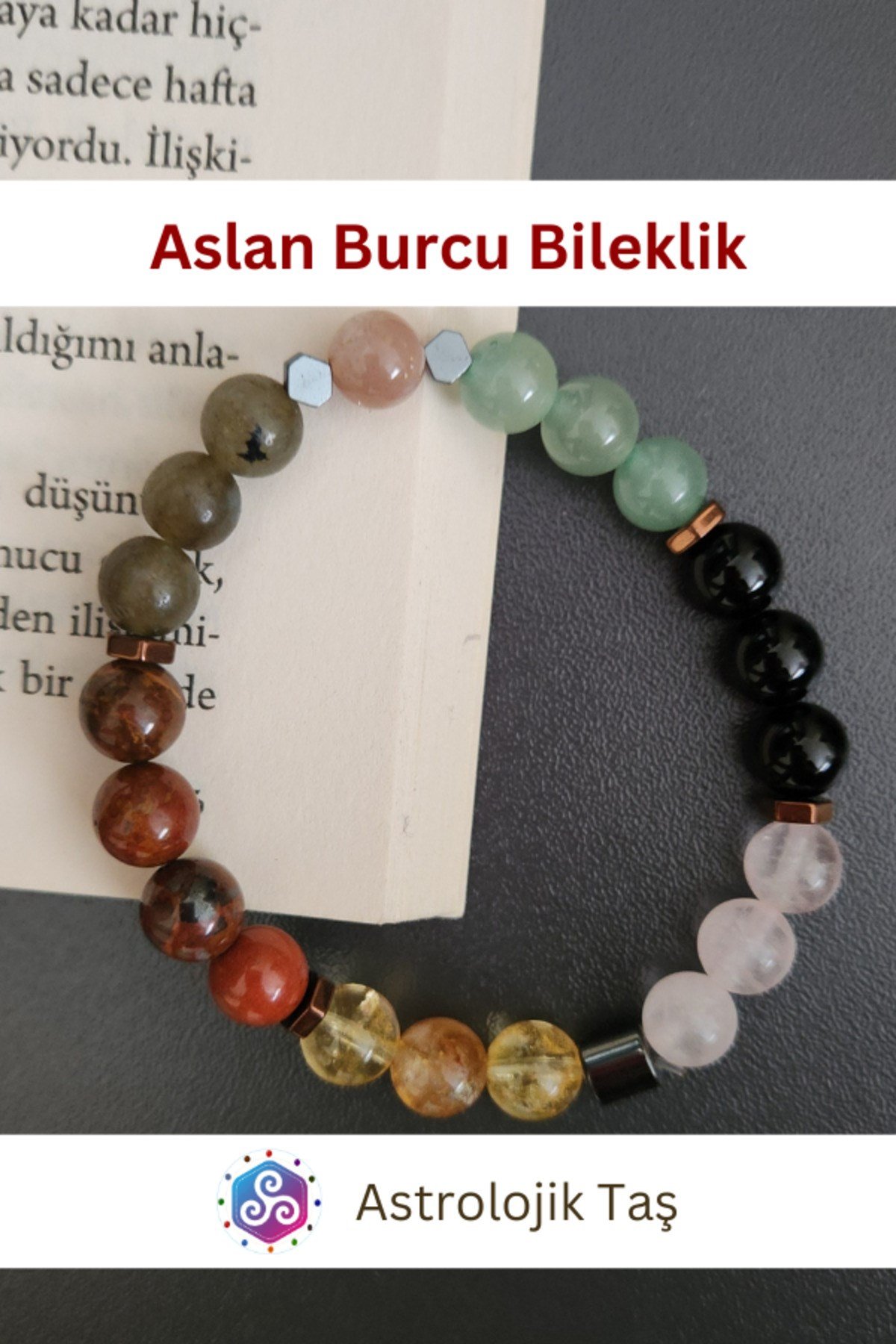 Aslan Burcu Bilekliği - Sertifikalı - P. Kuvars, Aventurin, Jasper, Oniks, Sitrin, Güneş Taşı