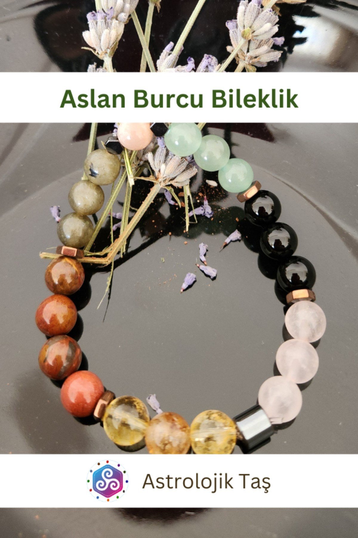 Aslan Burcu Bilekliği - Sertifikalı - P. Kuvars, Aventurin, Jasper, Oniks, Sitrin, Güneş Taşı