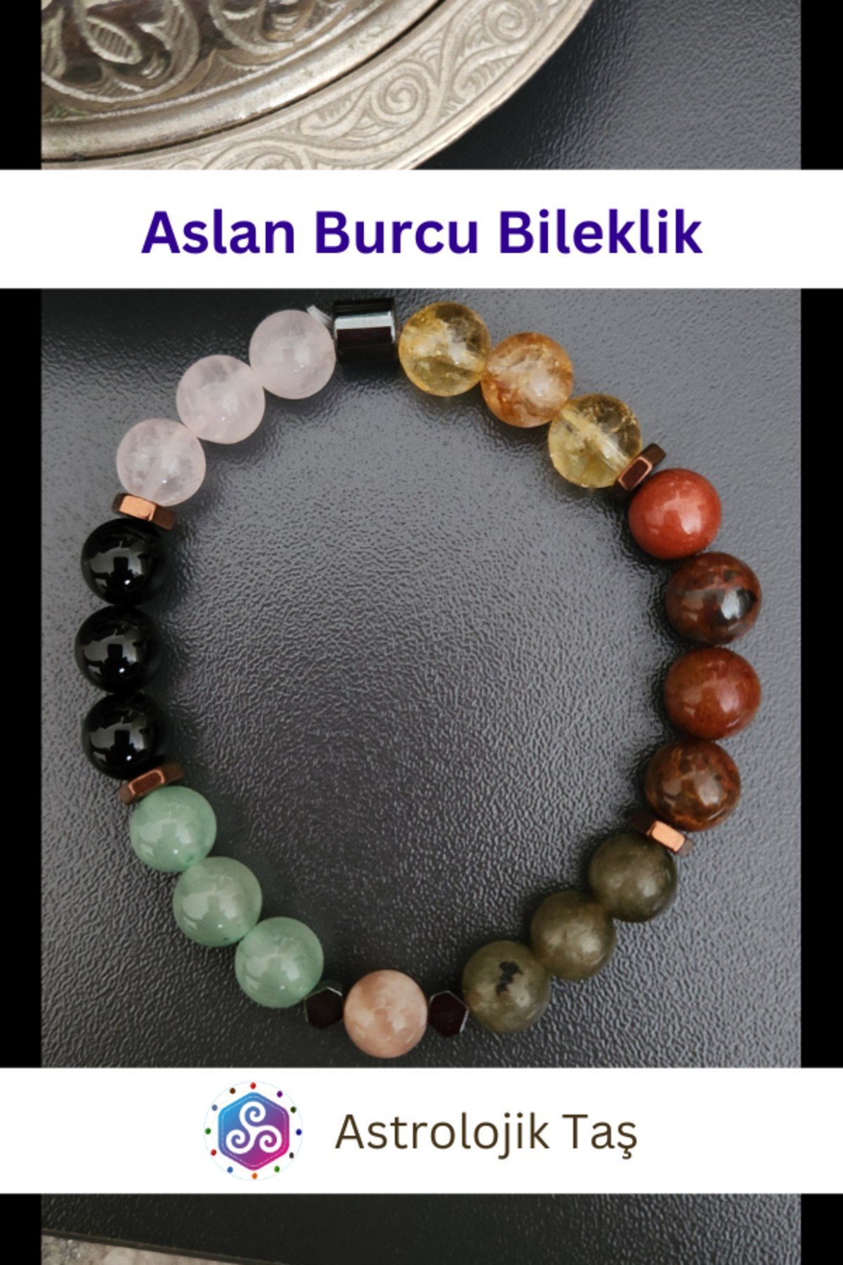 Aslan Burcu Bilekliği - Sertifikalı - P. Kuvars, Aventurin, Jasper, Oniks, Sitrin, Güneş Taşı