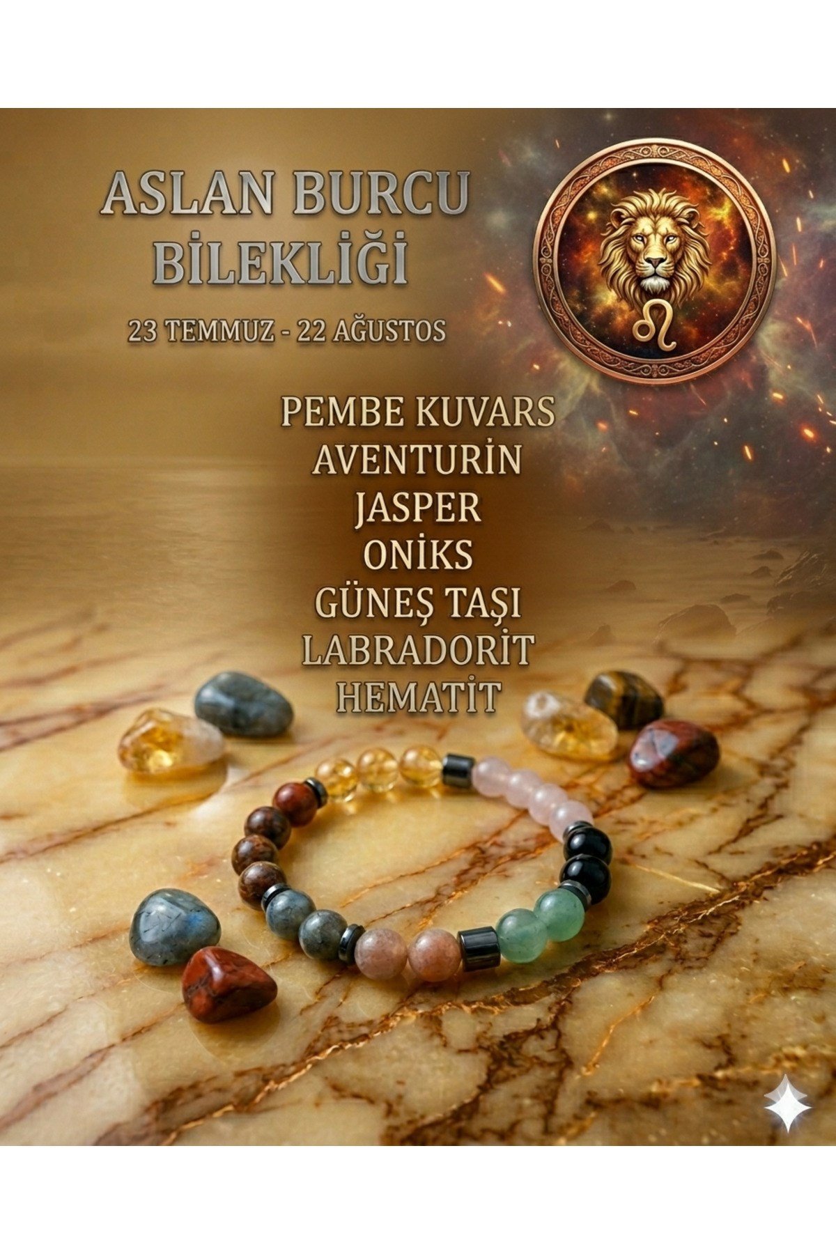 Aslan Burcu Bilekliği - Sertifikalı - P. Kuvars, Aventurin, Jasper, Oniks, Sitrin, Güneş Taşı