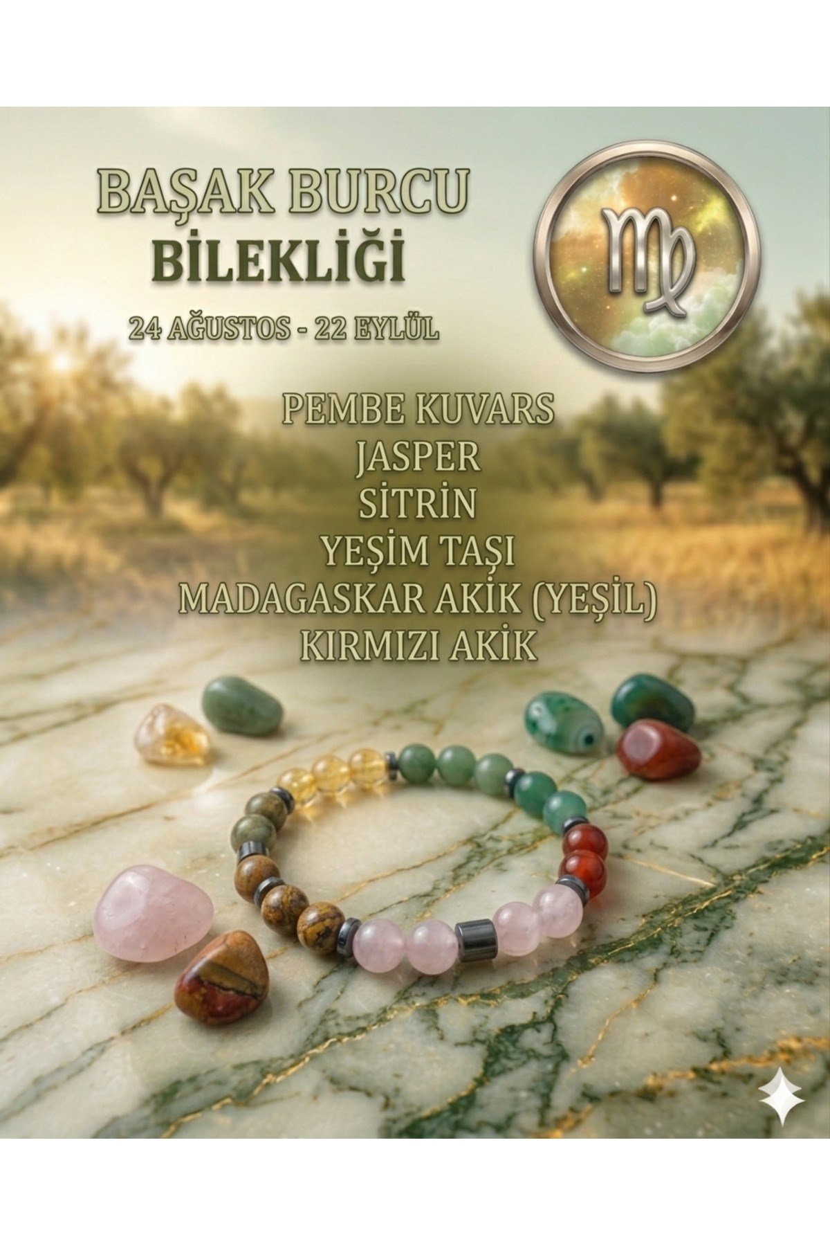 Başak Burcu Bilekliği - Sertifikalı - P.Kuvars, Jasper, Sitrin, Yeşim Taşı, Yeşil Akik, Kırmızı Akik
