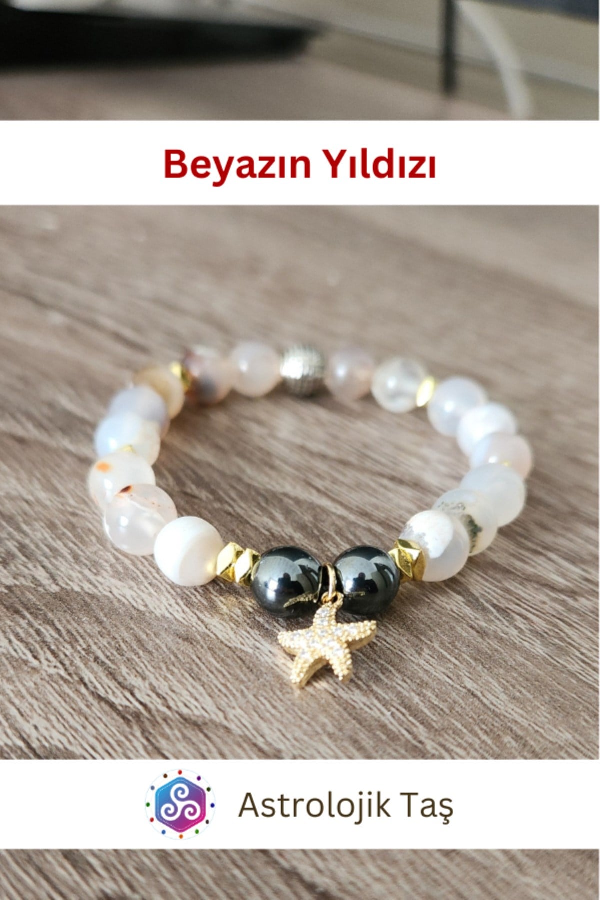 Beyaz Yıldız Doğal Taş Bileklik , Sertifikalı Akik Taşı, Stres Taşı, Denge Taşı