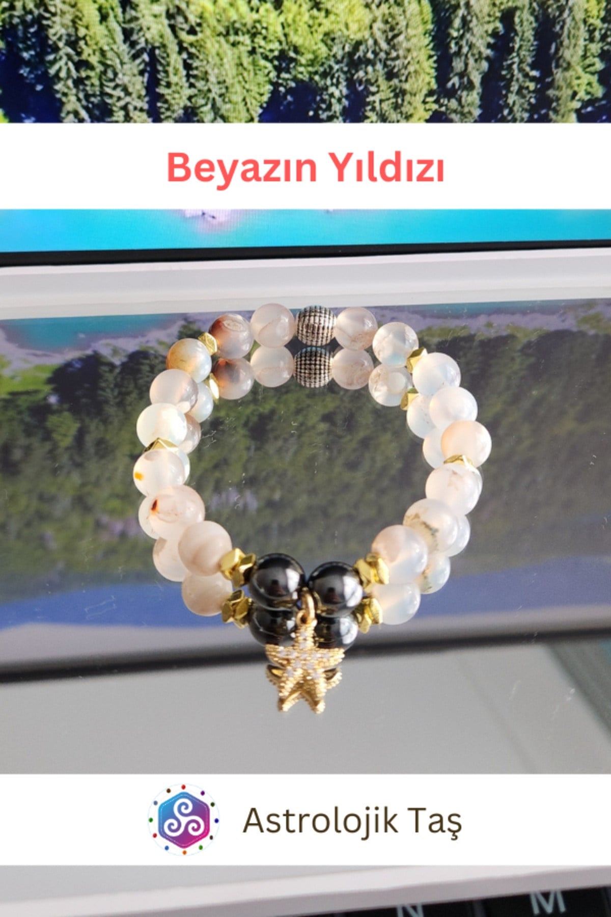 Beyaz Yıldız Doğal Taş Bileklik , Sertifikalı Akik Taşı, Stres Taşı, Denge Taşı