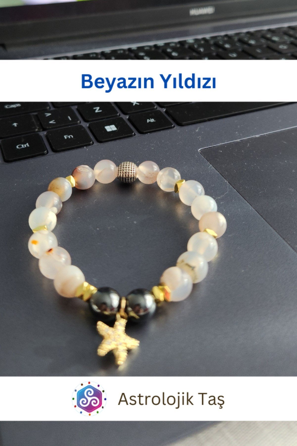 Beyaz Yıldız Doğal Taş Bileklik , Sertifikalı Akik Taşı, Stres Taşı, Denge Taşı