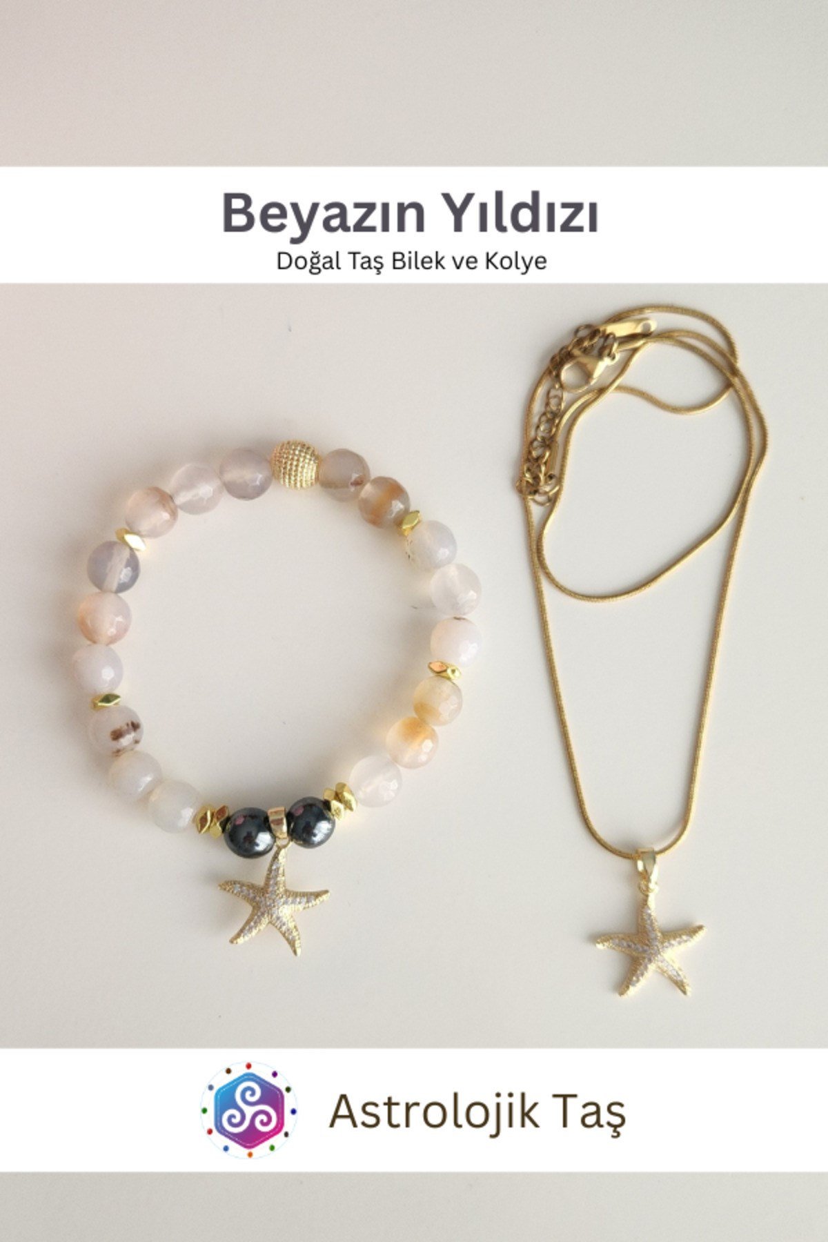 Beyazın Yıldızı Doğal Taş Bileklik ve Charm Kolye Takım - Beyaz Akik