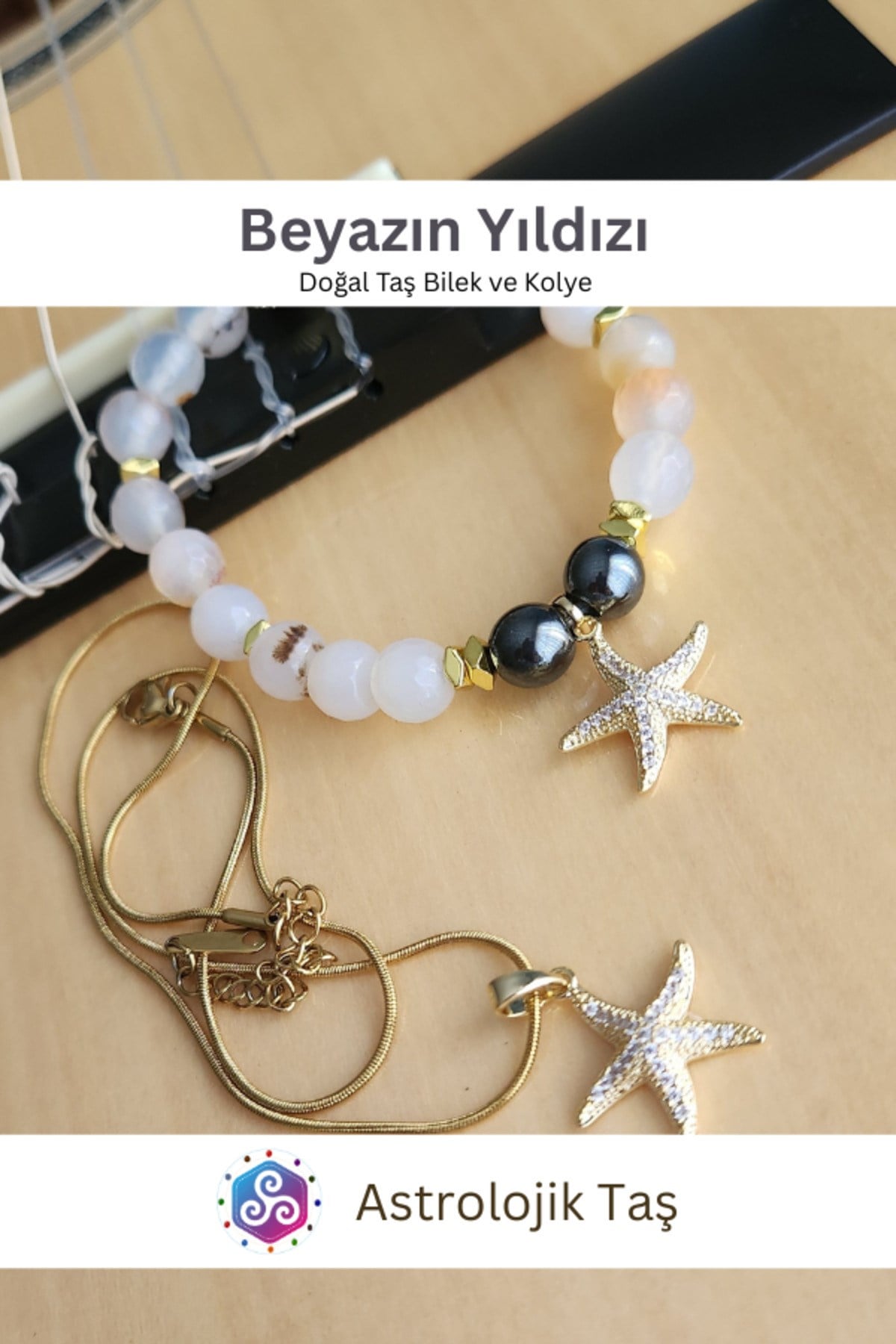 Beyazın Yıldızı Doğal Taş Bileklik ve Charm Kolye Takım - Beyaz Akik
