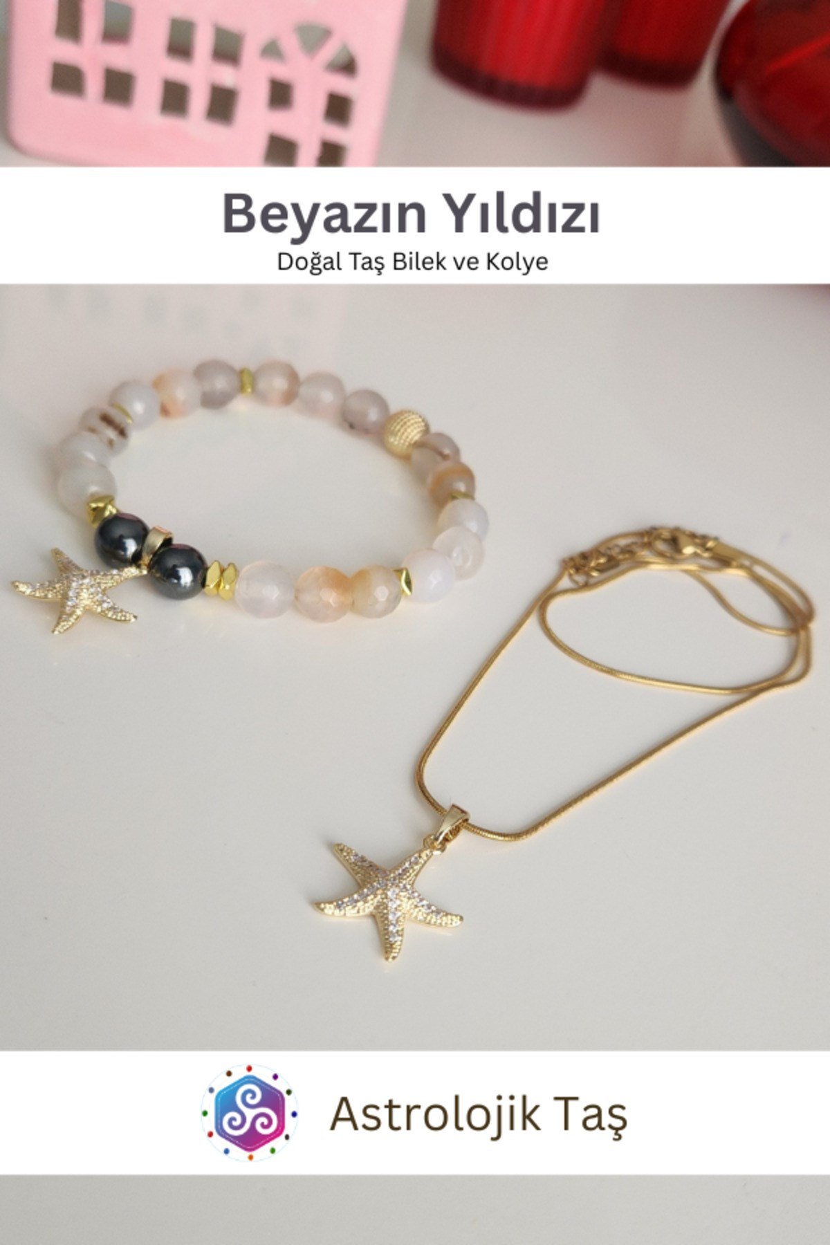 Beyazın Yıldızı Doğal Taş Bileklik ve Charm Kolye Takım - Beyaz Akik