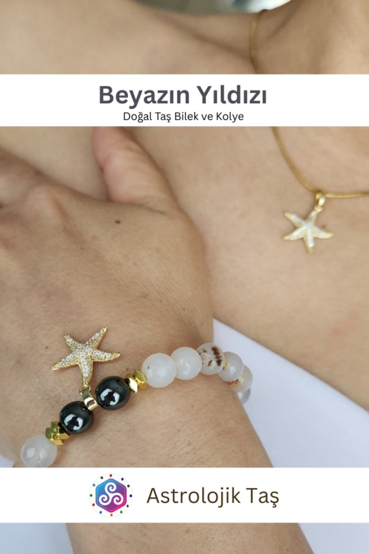 Beyazın Yıldızı Doğal Taş Bileklik ve Charm Kolye Takım - Beyaz Akik