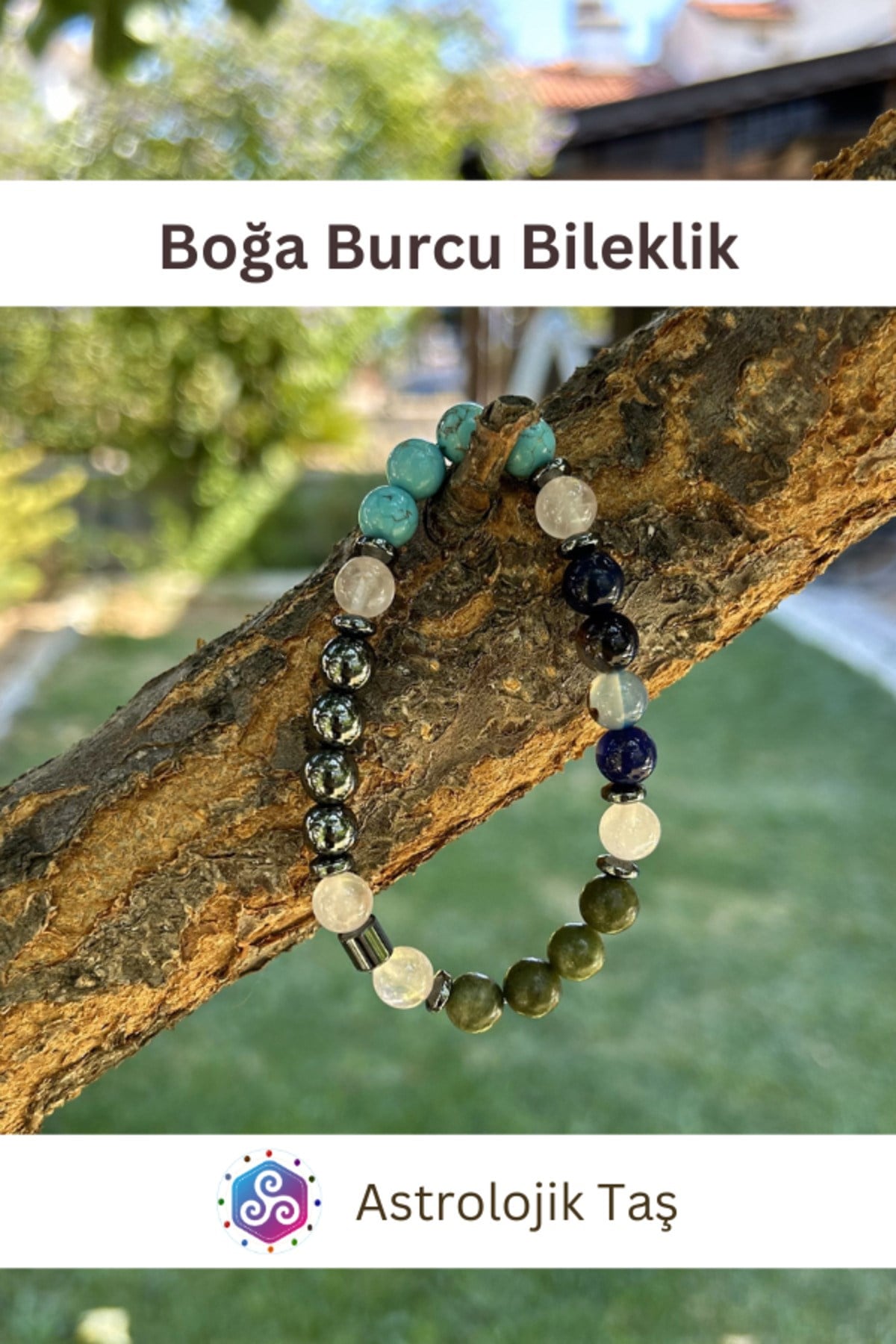 Boğa Burcu Bilekliği -Sertifikalı - Mavi Akik, Yeşim Taşı, Turkuaz Firuze Taşı, Pembe Kuvars