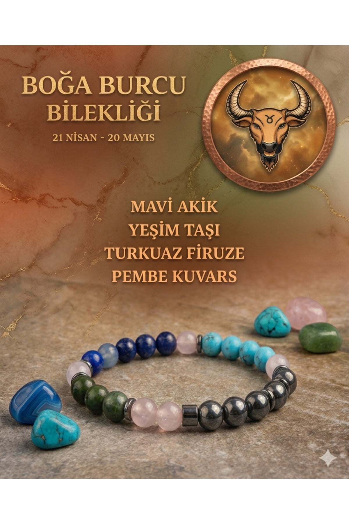 Boğa Burcu Bilekliği -Sertifikalı - Mavi Akik, Yeşim Taşı, Turkuaz Firuze Taşı, Pembe Kuvars